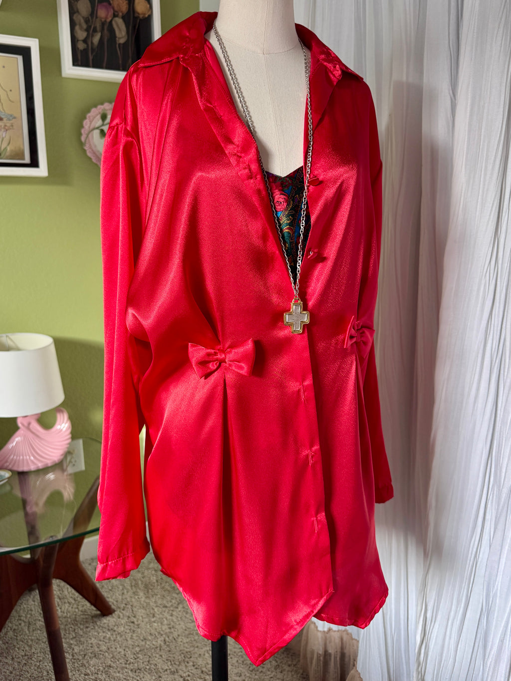 80s Red Satin Bow Button Up