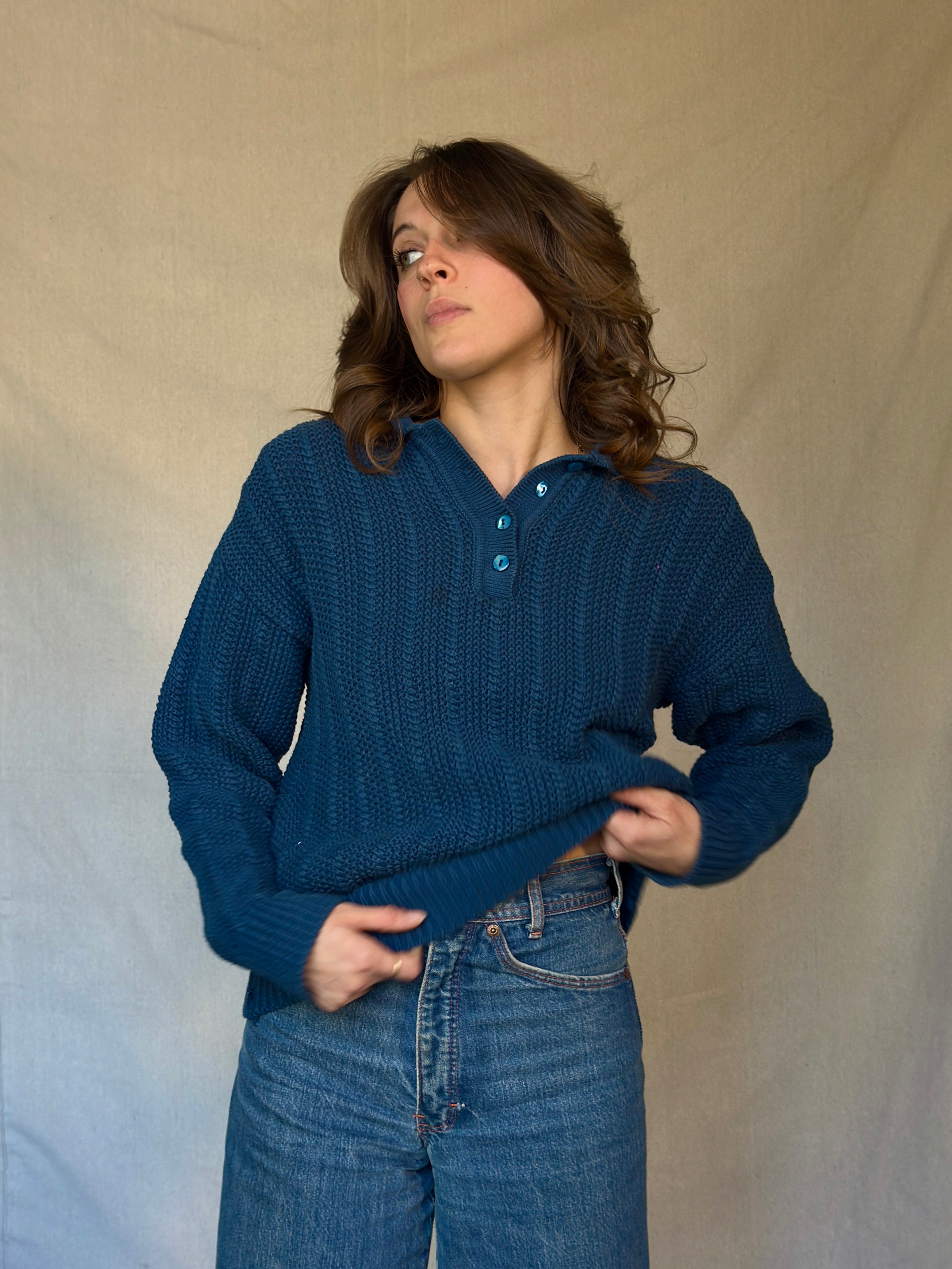 70s Blue Chunky Knit Cotton Sweater