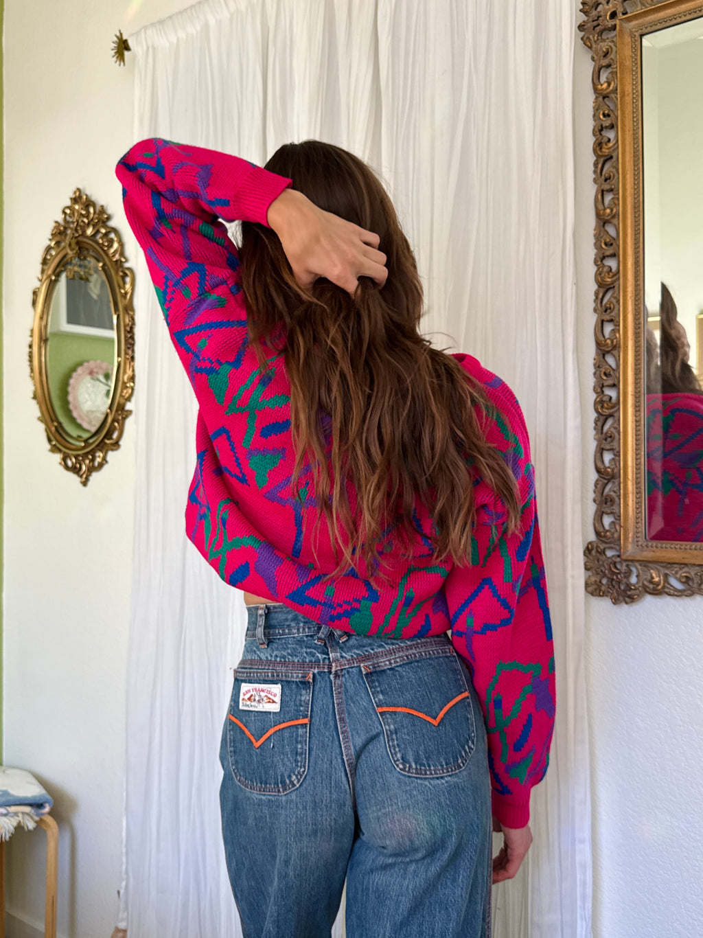 70s Hot Pink Abstract Tree Print Sweater
