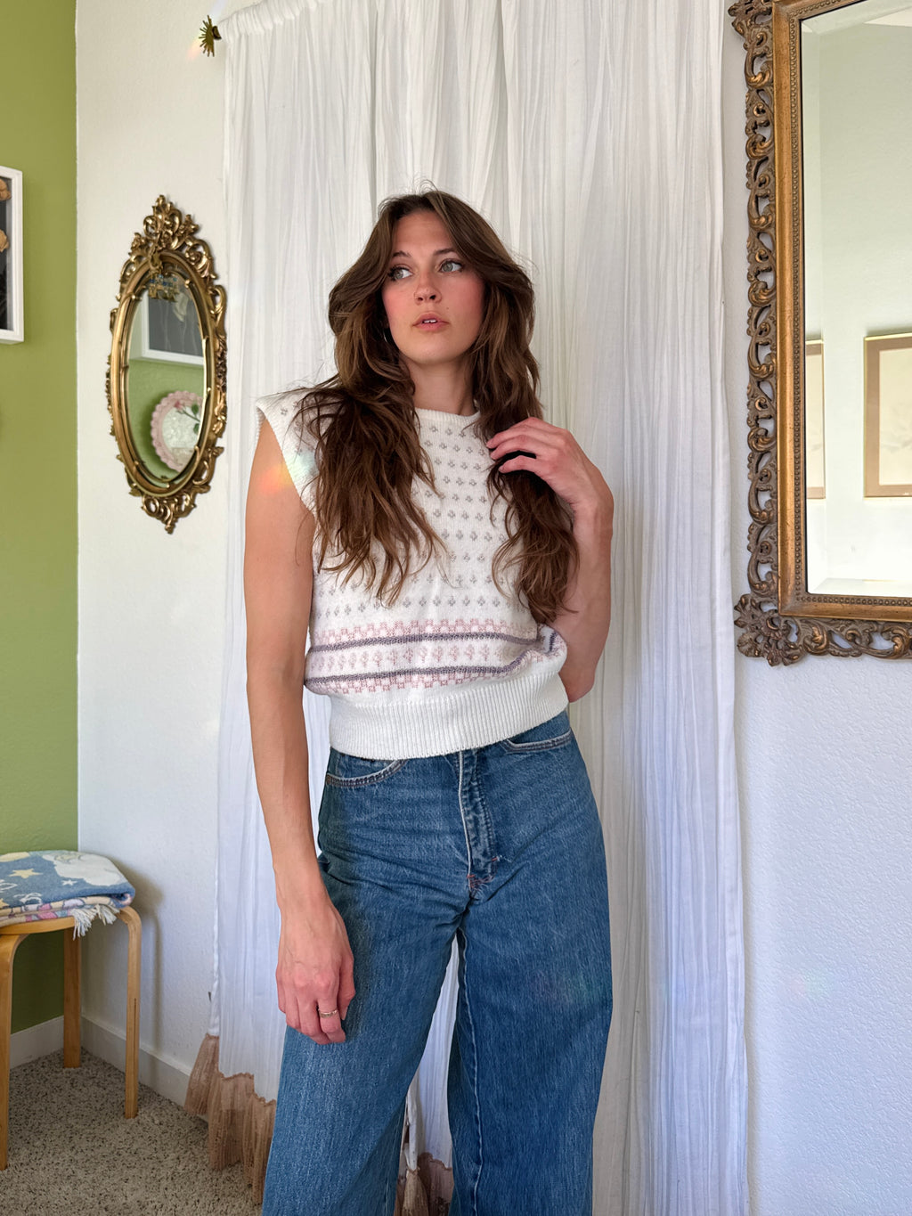 80s Cream Floral Knit Sweater Vest