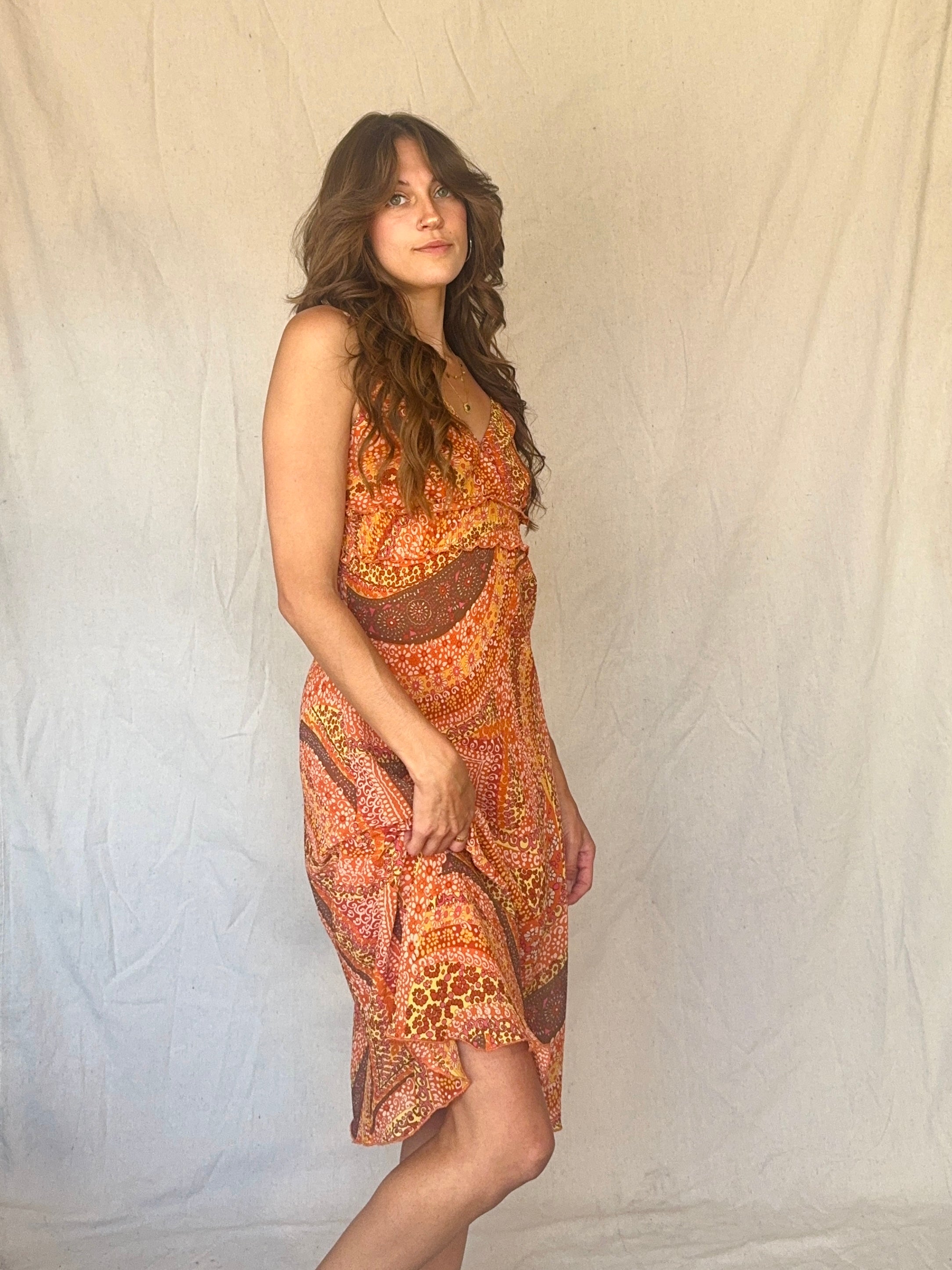 Orange Floral Swirl Ruffled Strappy Sundress (Modern)