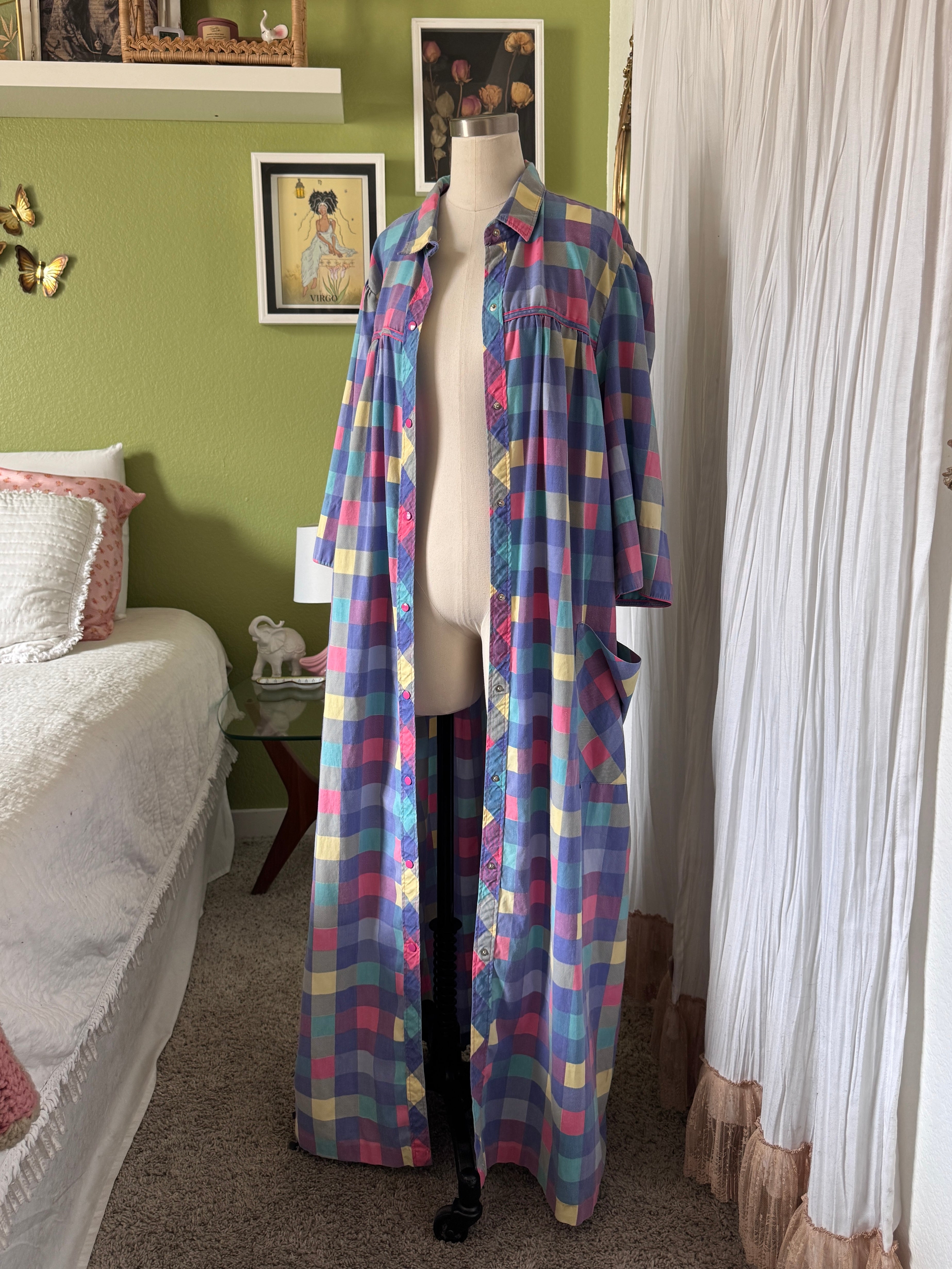 80s Purple Color Block Pearl Snap Duster Housecoat