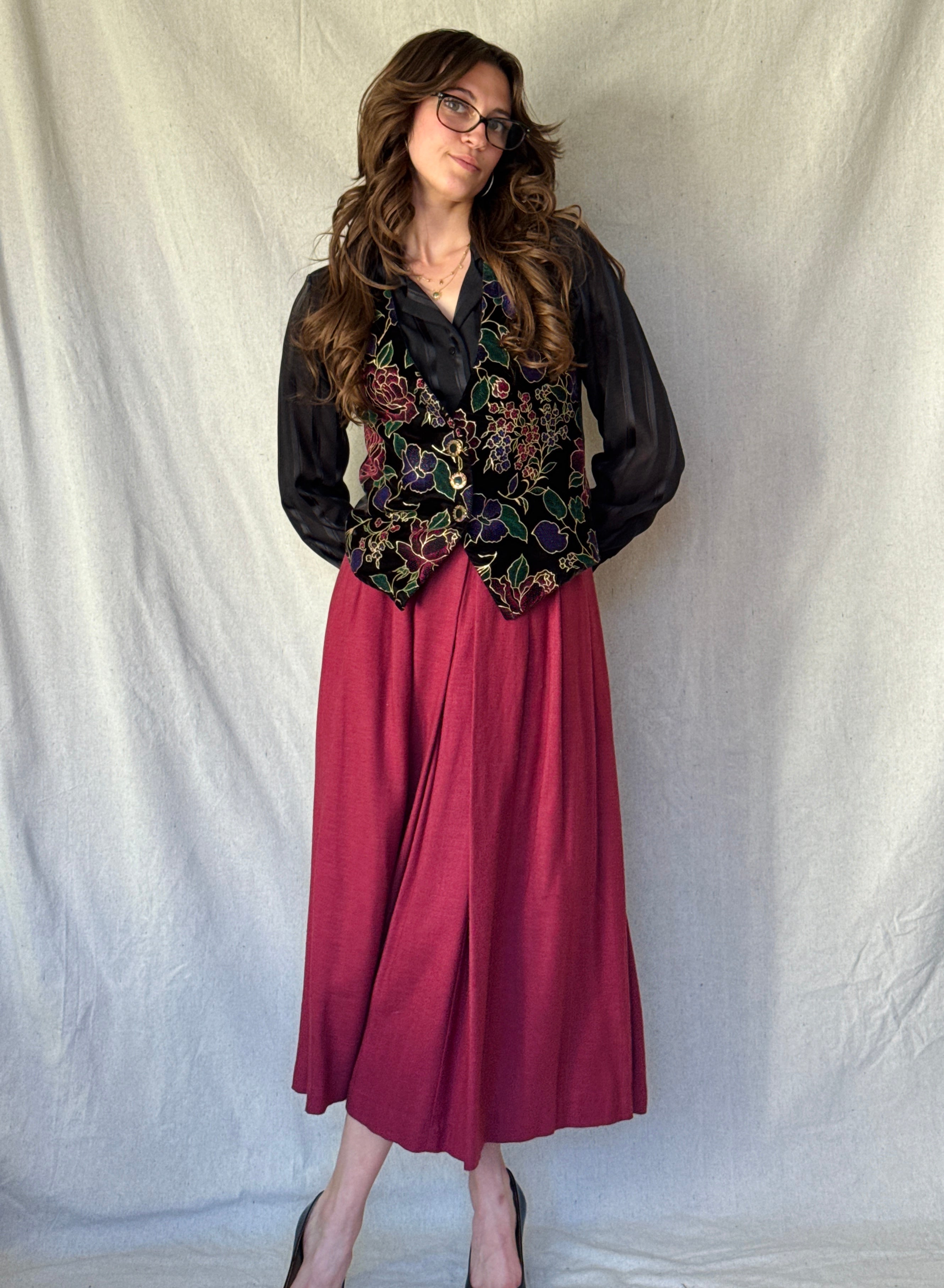 70s Burgundy Pleated Midi Skirt