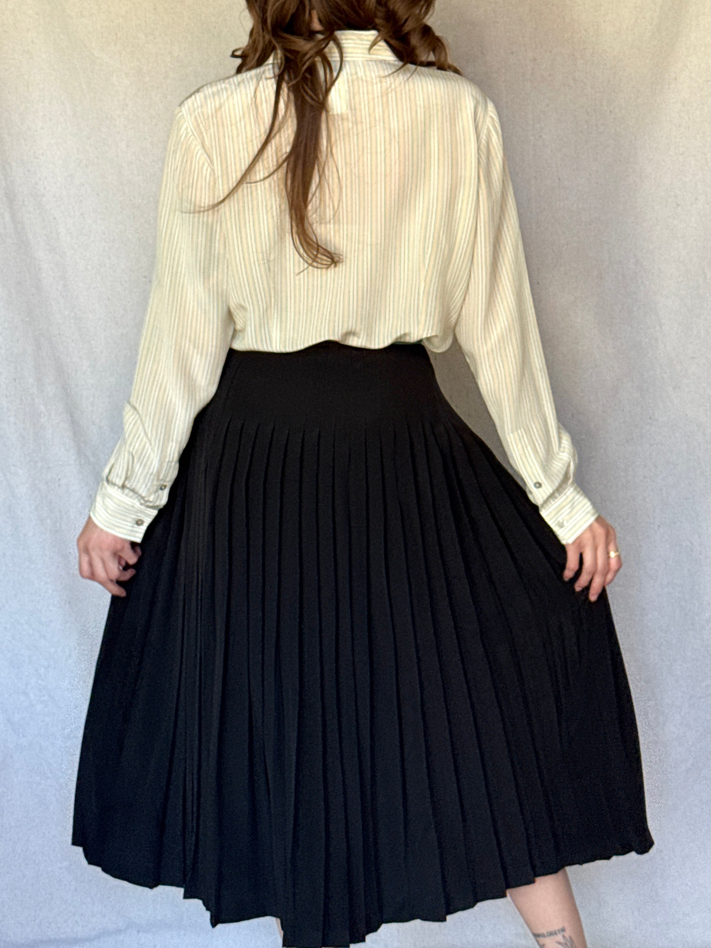 70s St. Martin Black Silk Pleated Midi Skirt