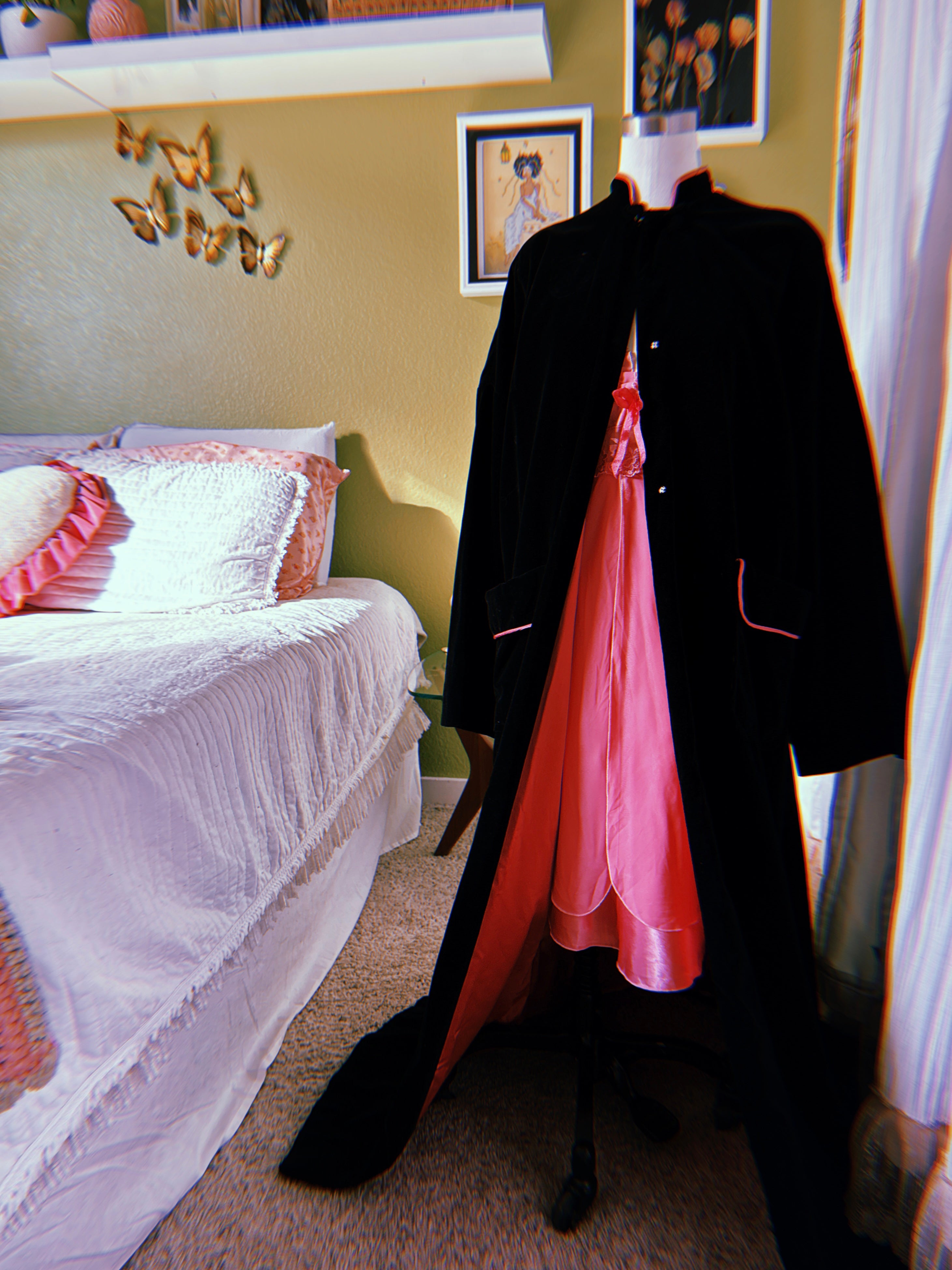 50s Black Velvet Pink Lined Smoking Jacket Duster Coat