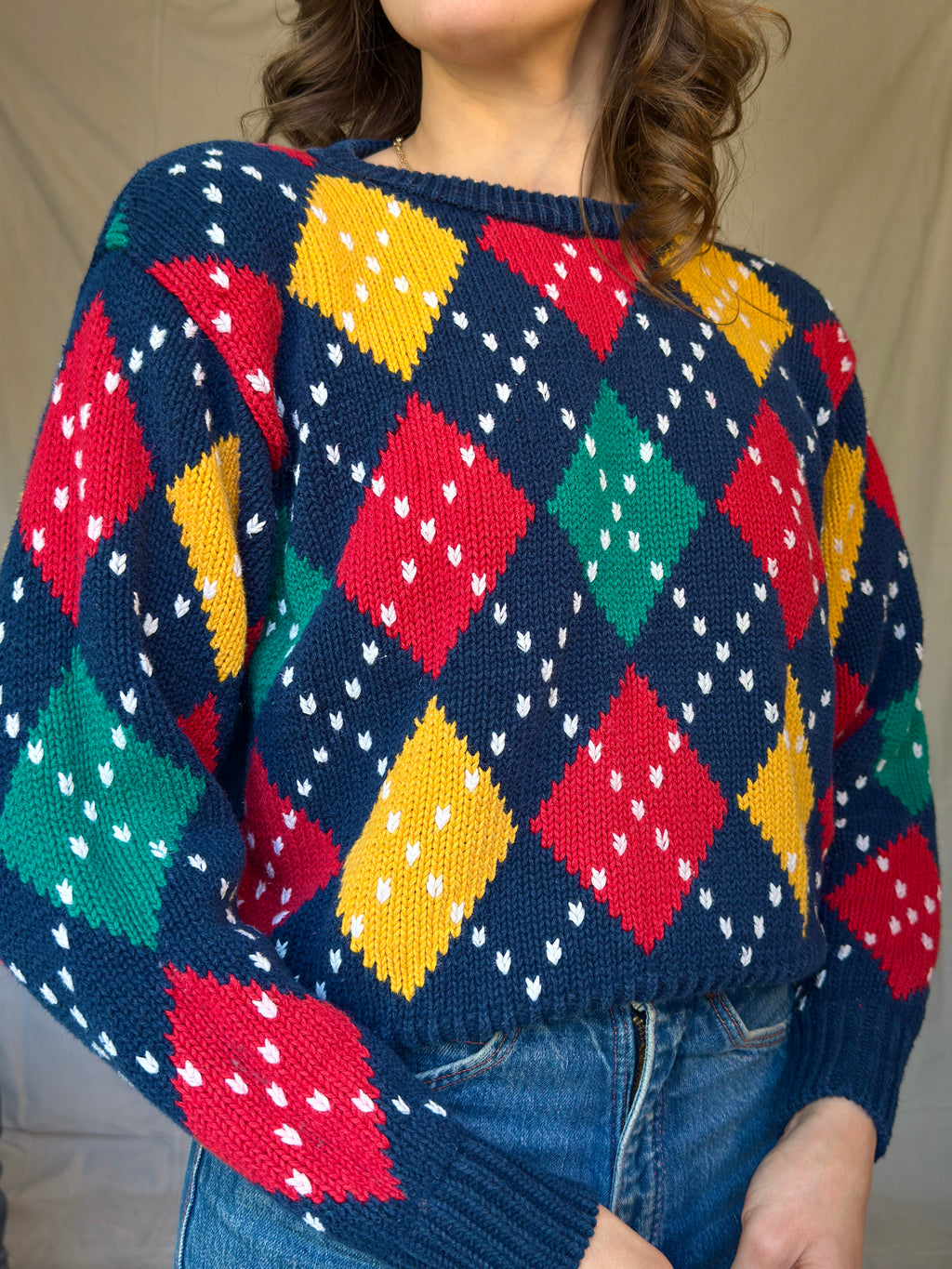 80s Chunky Blue Argyle Sweater