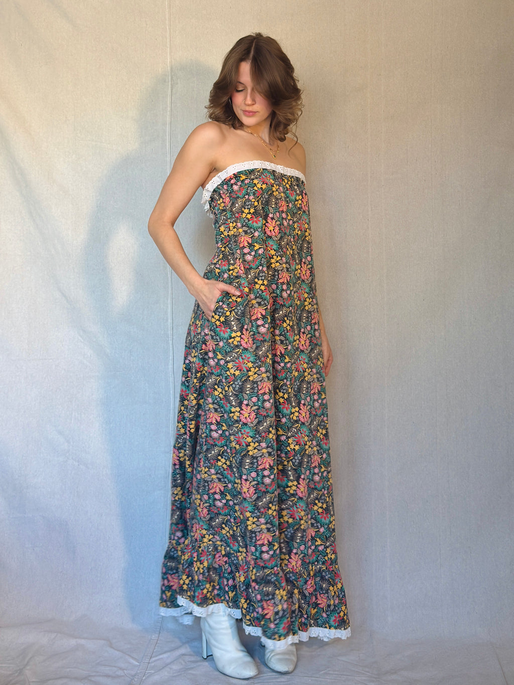 70s Brown Floral Strapless Maxi Dress