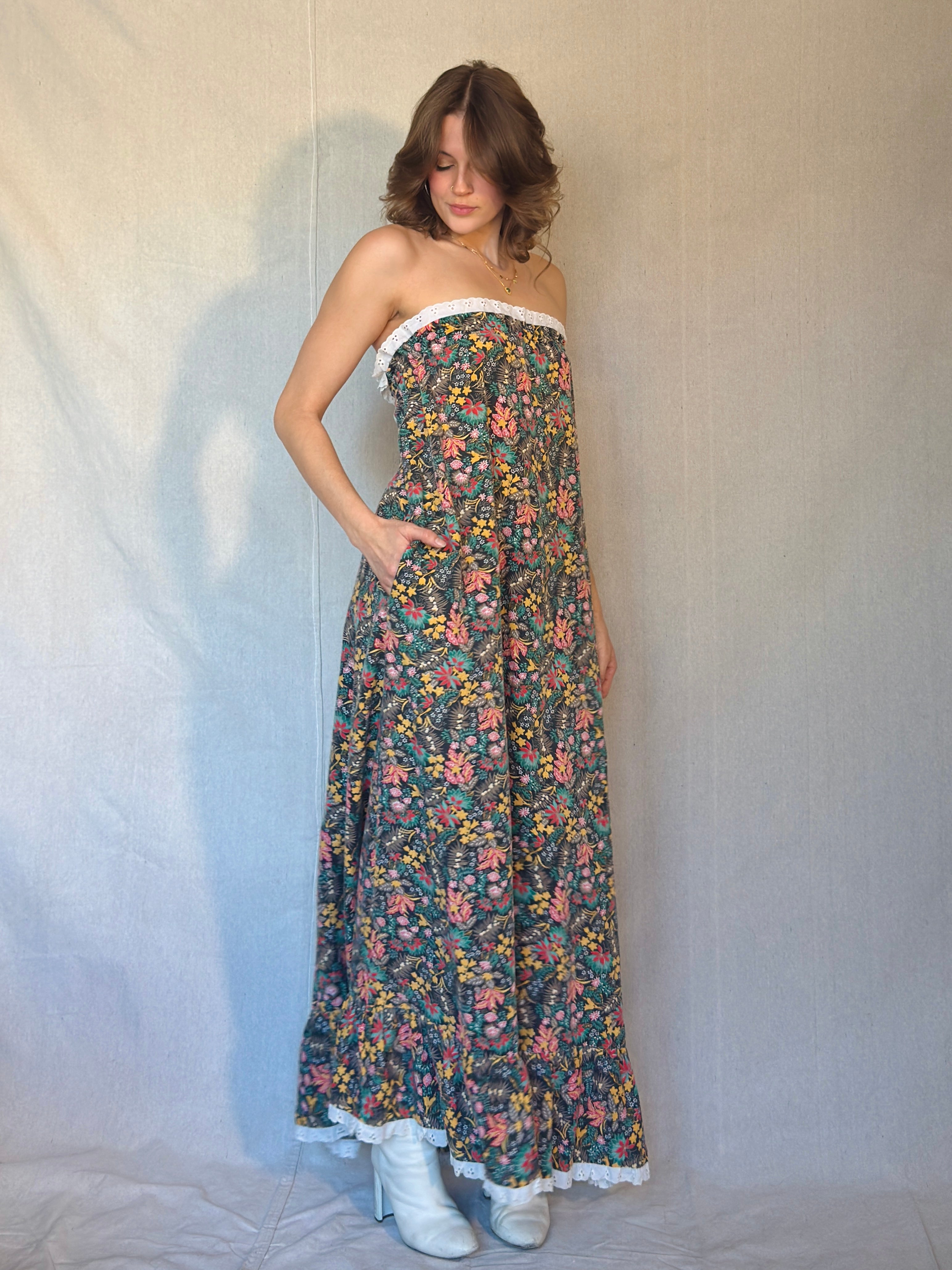 70s Brown Floral Strapless Maxi Dress