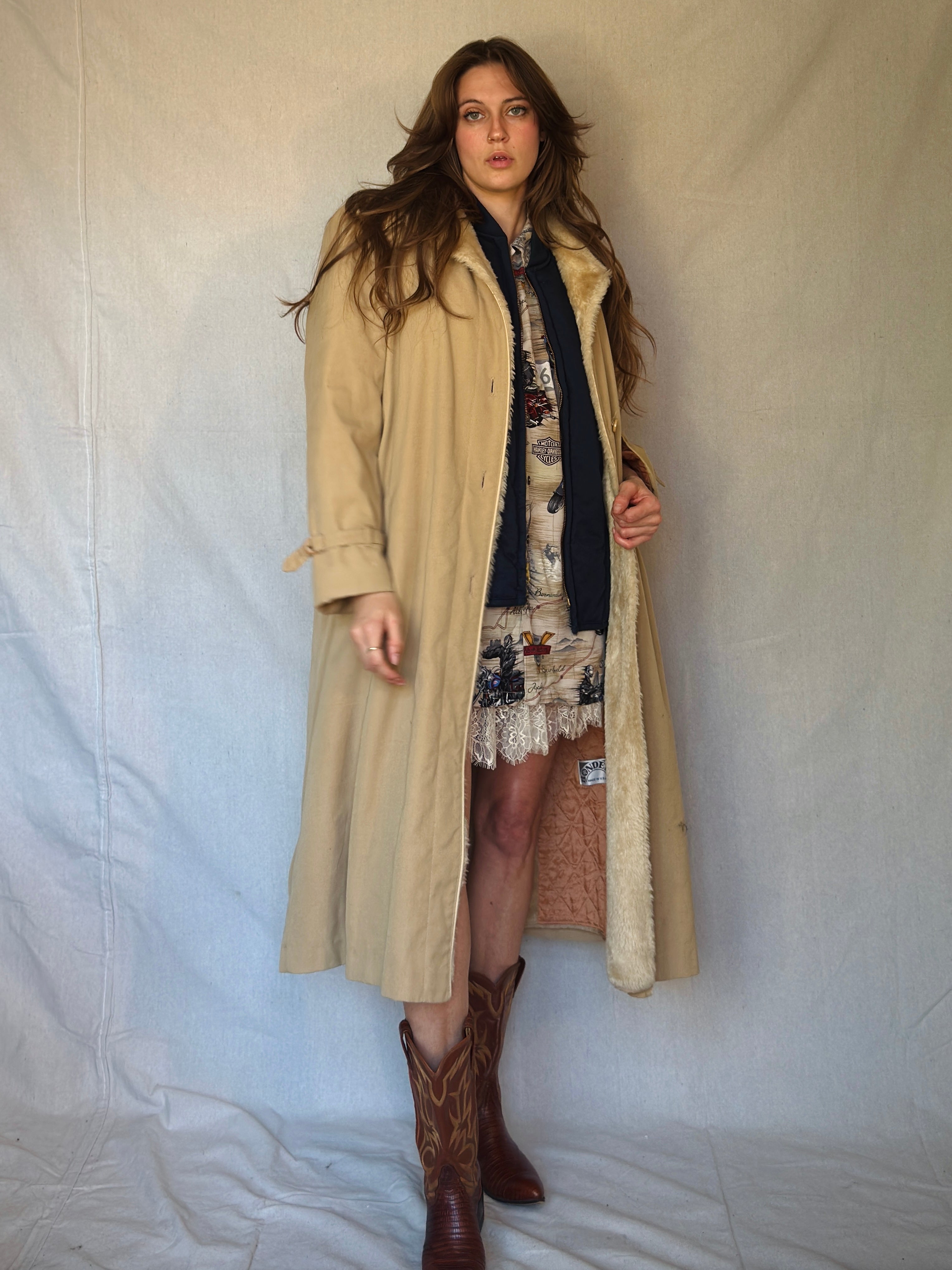 70s Tan Faux Shearling Trench Coat
