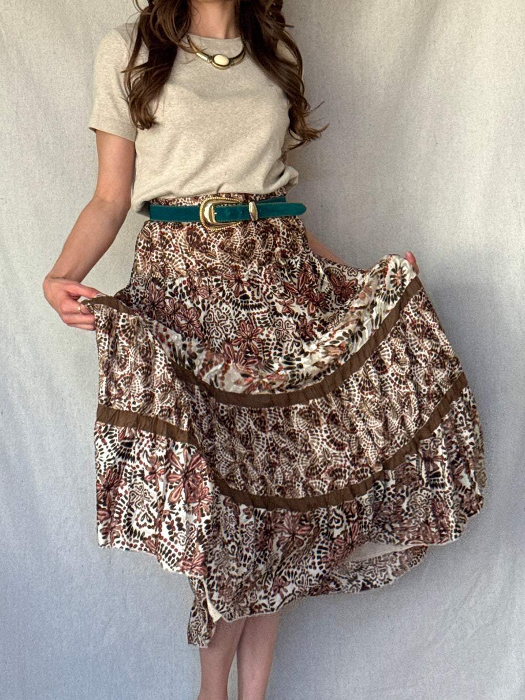 Y2K Brown & Orange Silk Layered Chicos Maxi Skirt
