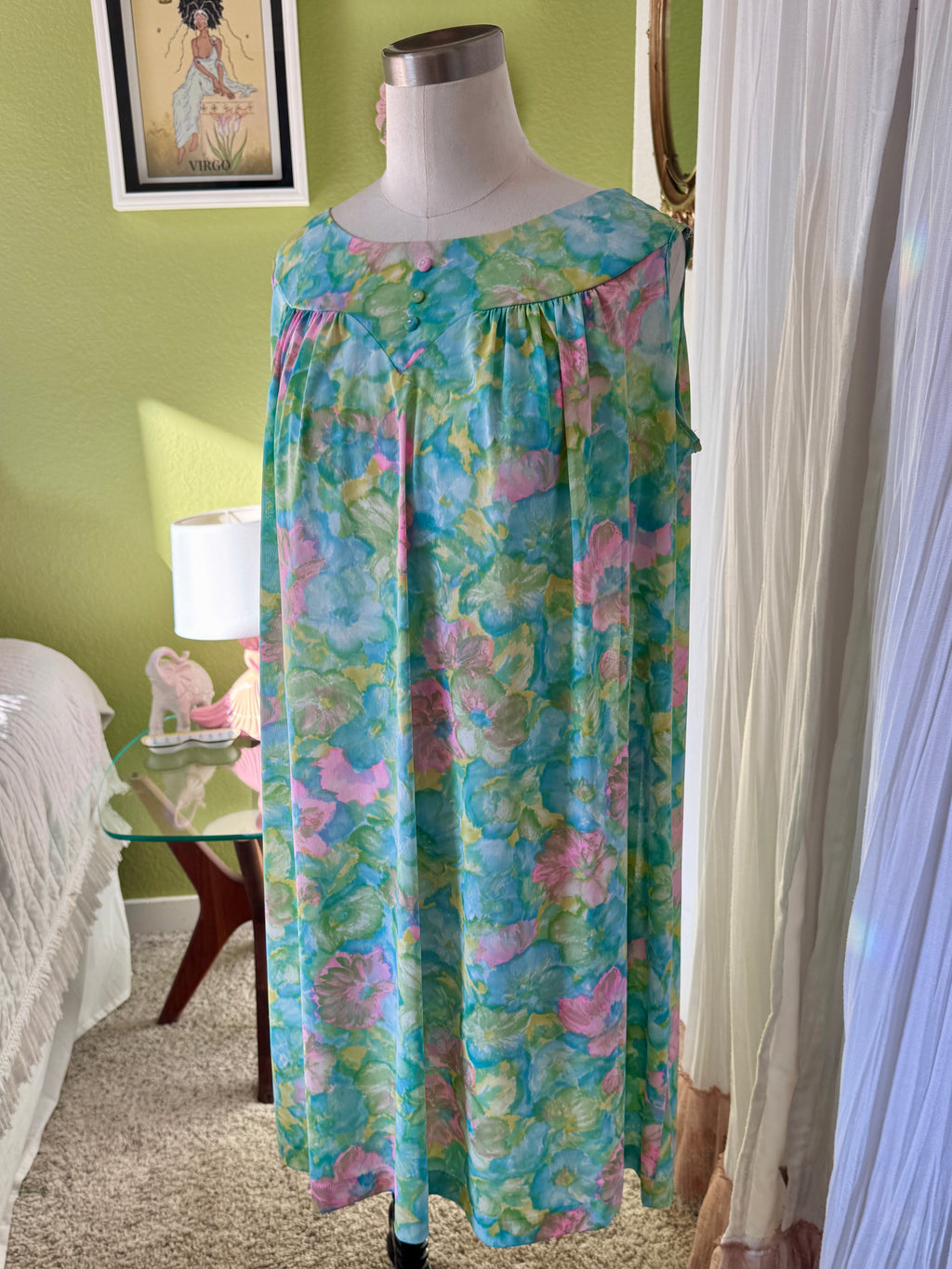 60s Green Soft Floral Babydoll Dress Night Gown