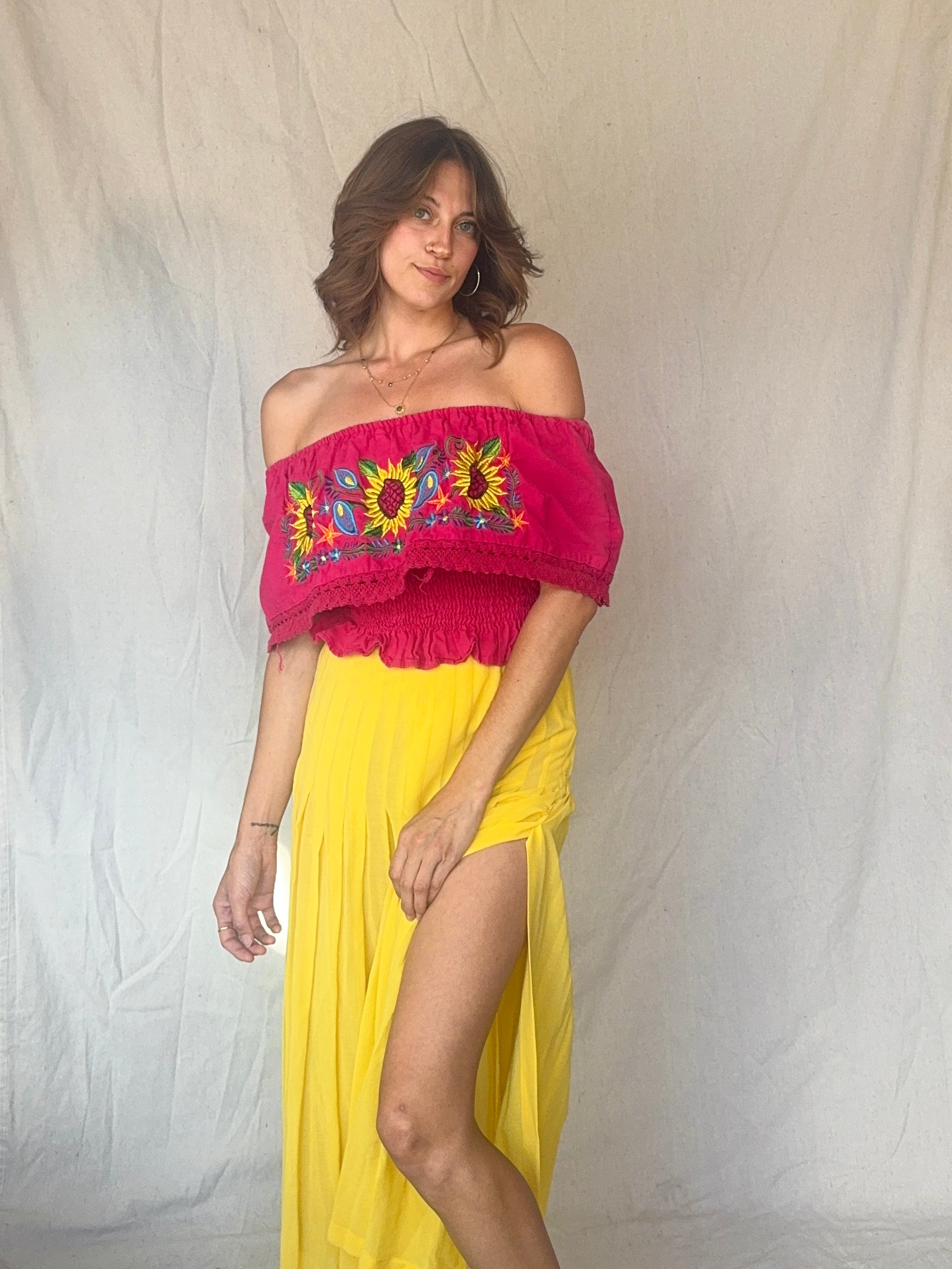 Vintage Hot Pink Off the Shoulder Embroidered Sunflower Oaxacan Summer Top