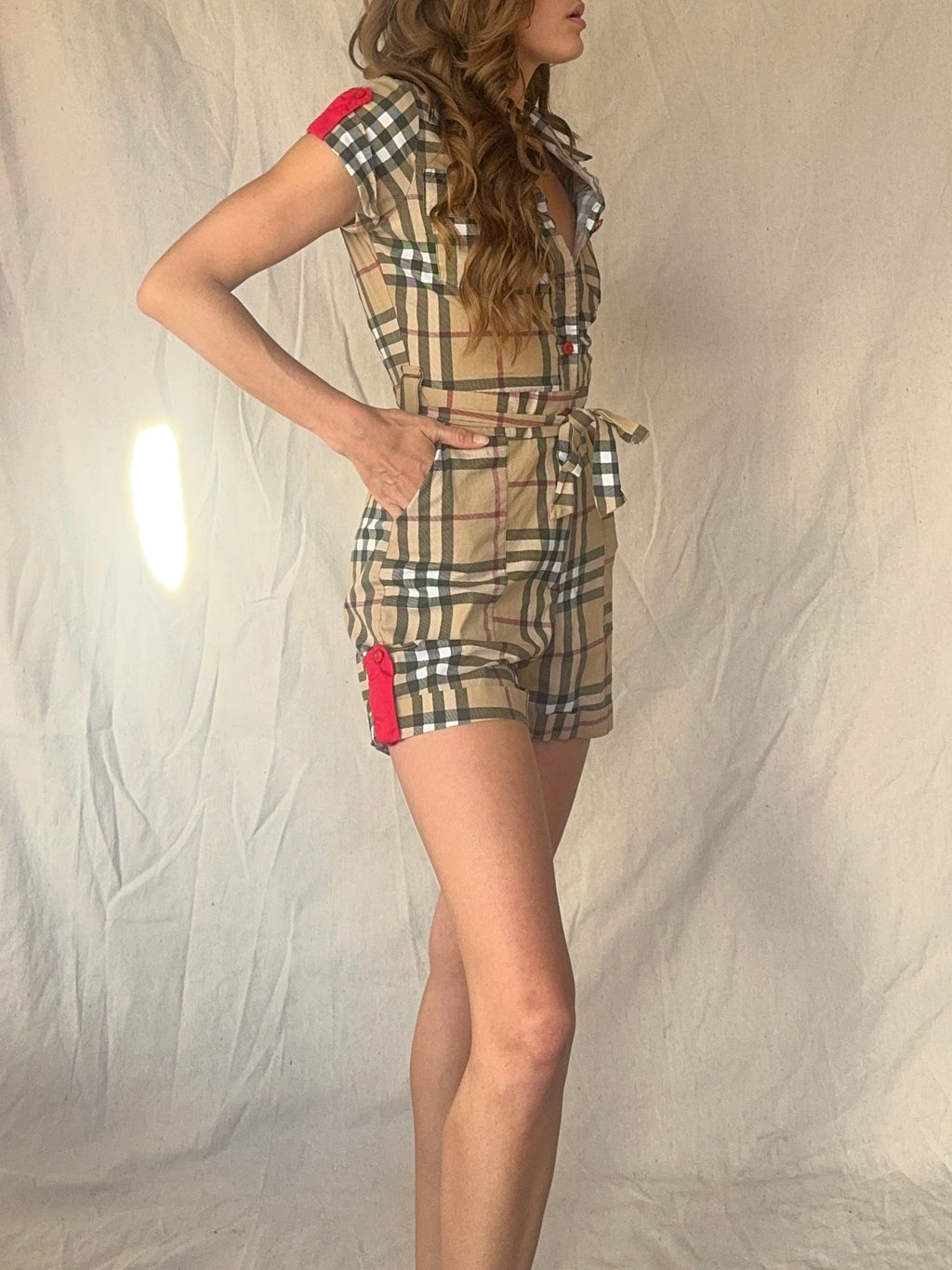 B/urberry Check Plaid Belted Button Up Romper