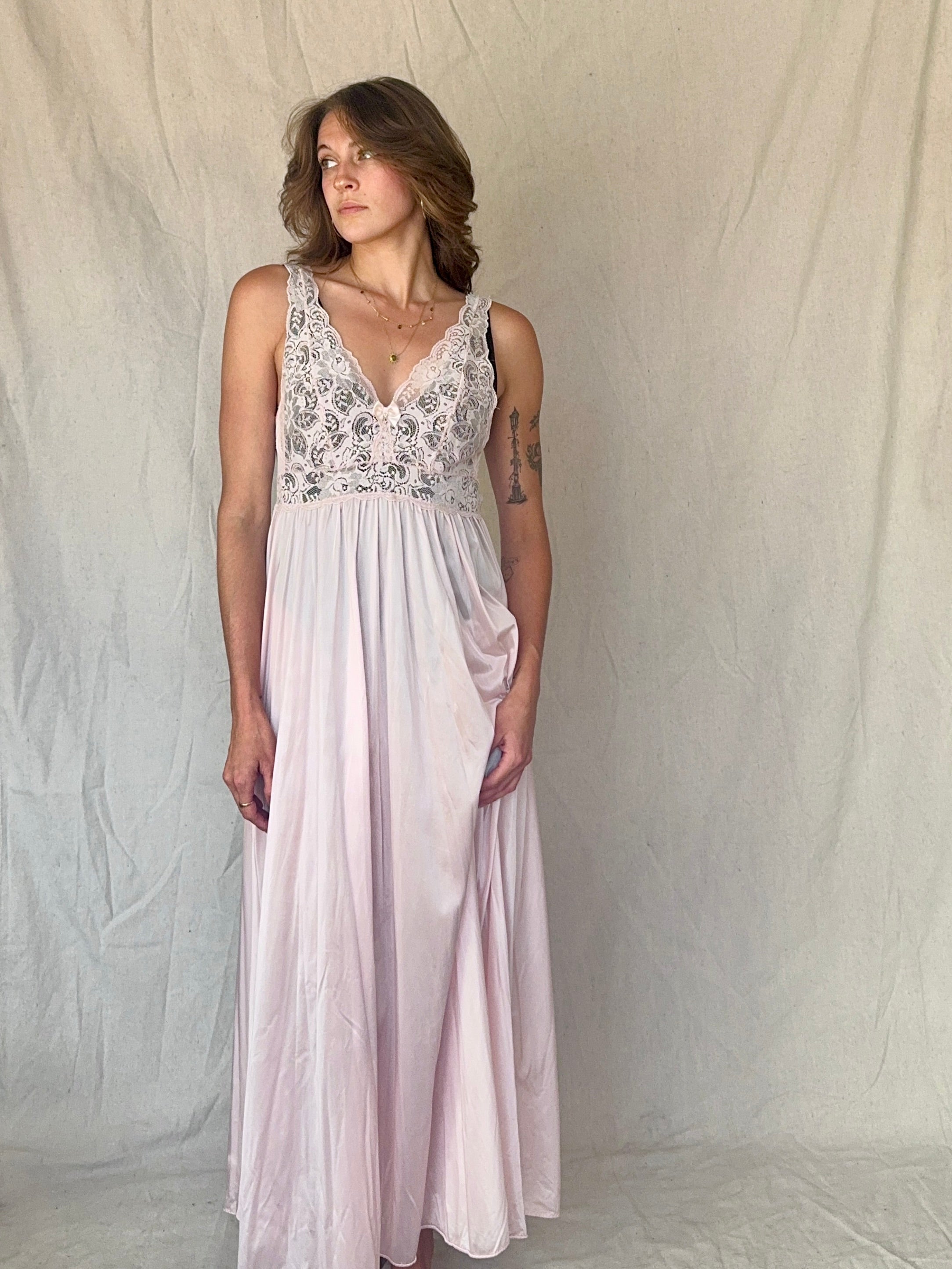 90s Baby Pink Nylon Lace Slip Dress
