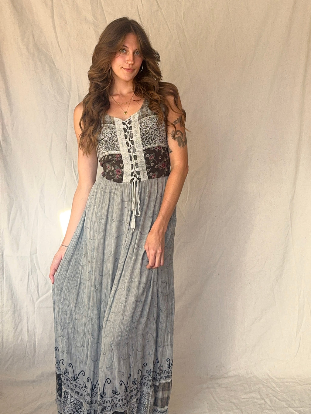 90s Grey Patchwork Whimsigoth Embroidered Fairy Maxi Dress