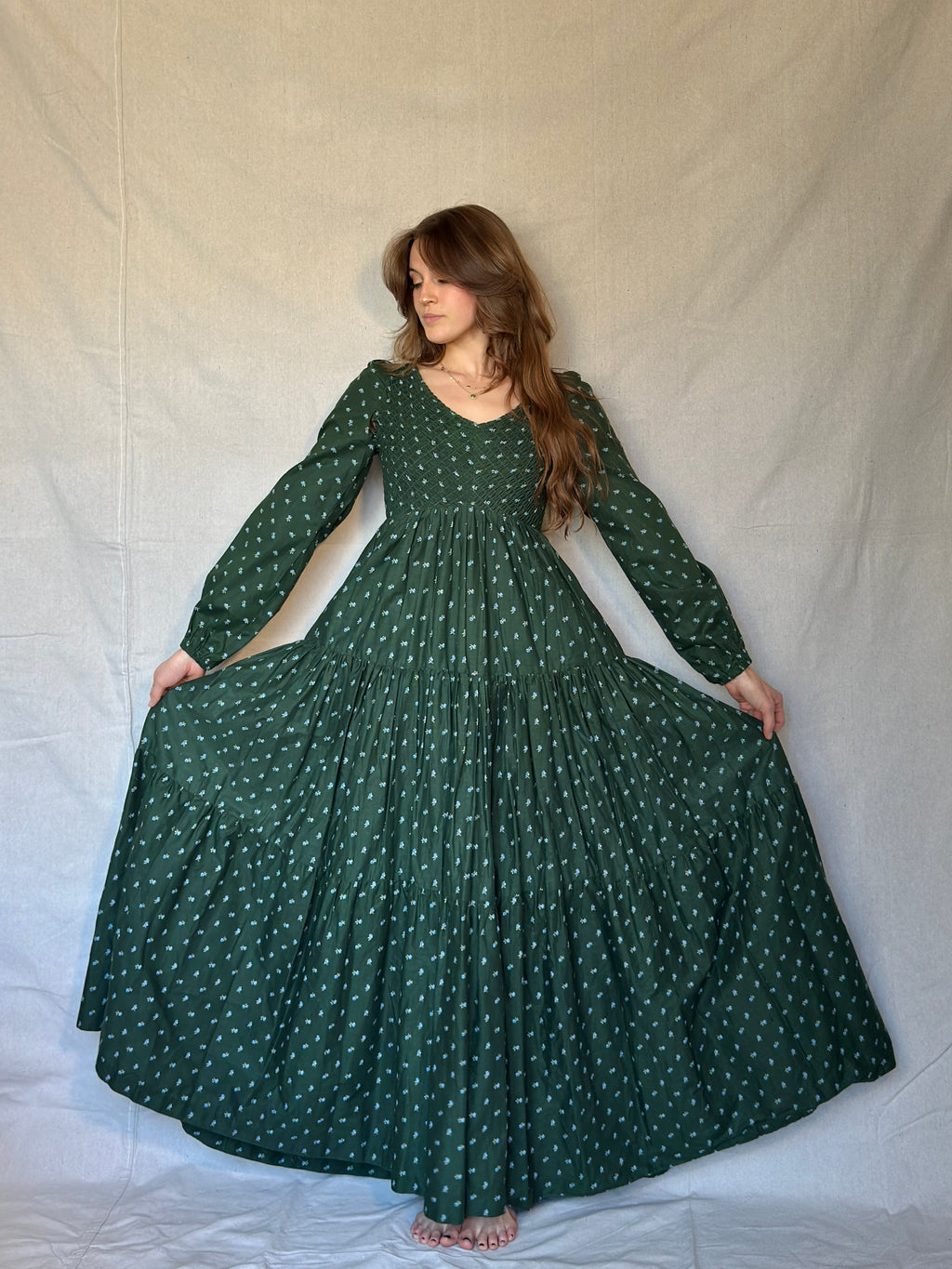 70s Green Micro Floral Tiered Prairie Dress