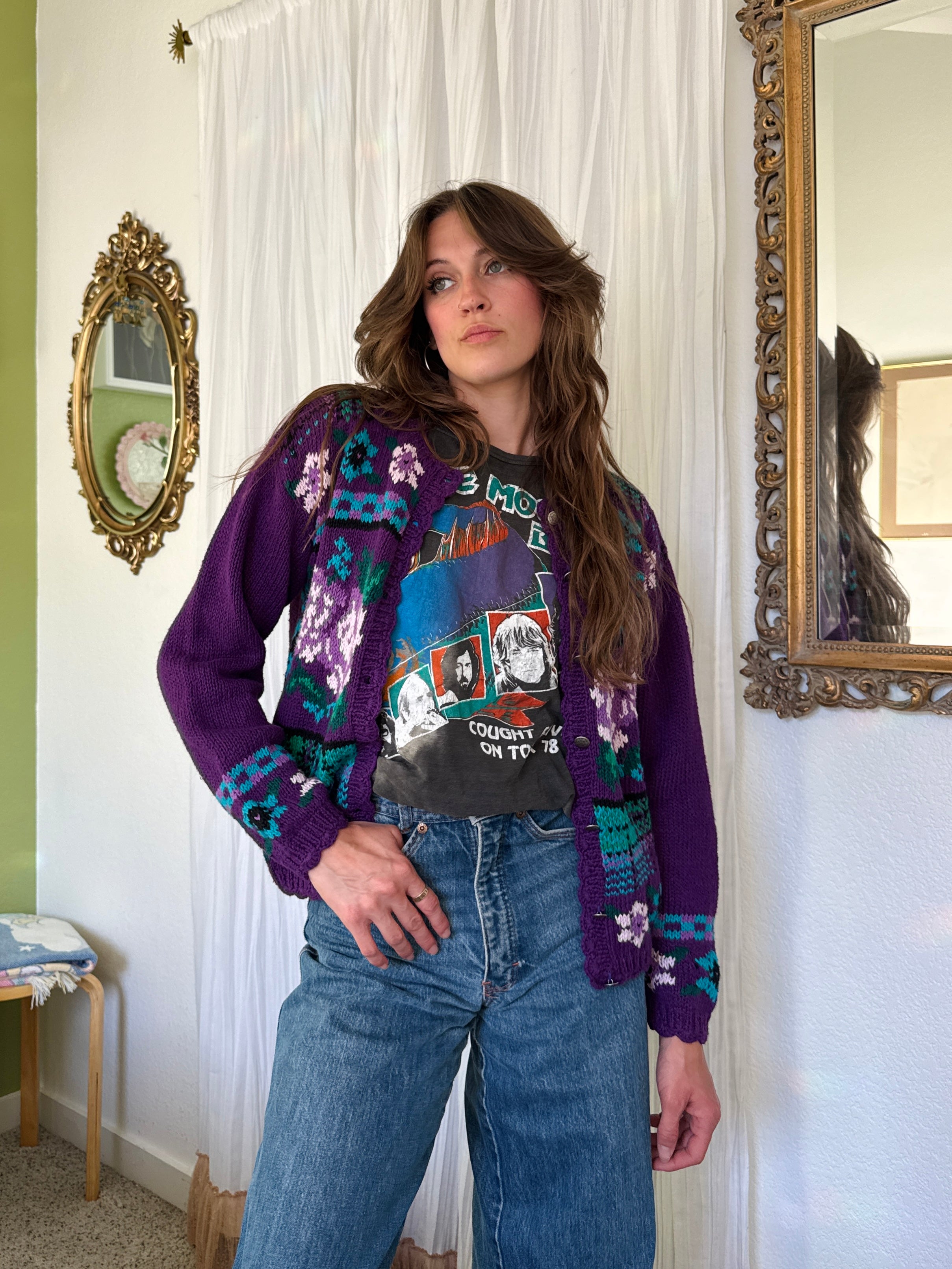80s Purple Floral Plaid Granny Cardigan Sweater
