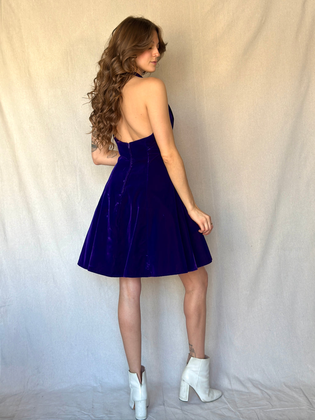 90s Purple Velvet Halter Mini Cocktail Dress