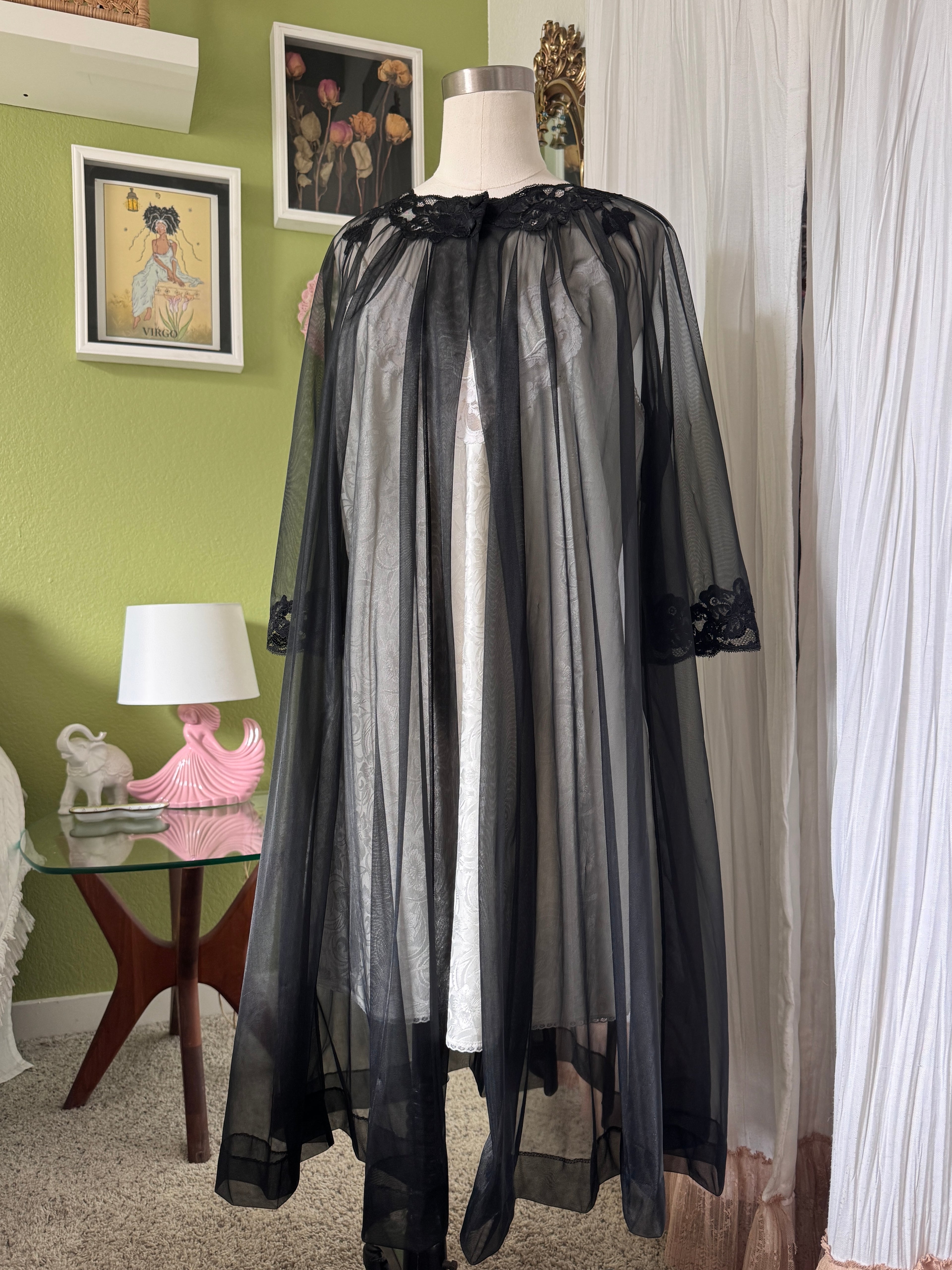60s Sheer Black Nylon Negligee & Peignoir Set