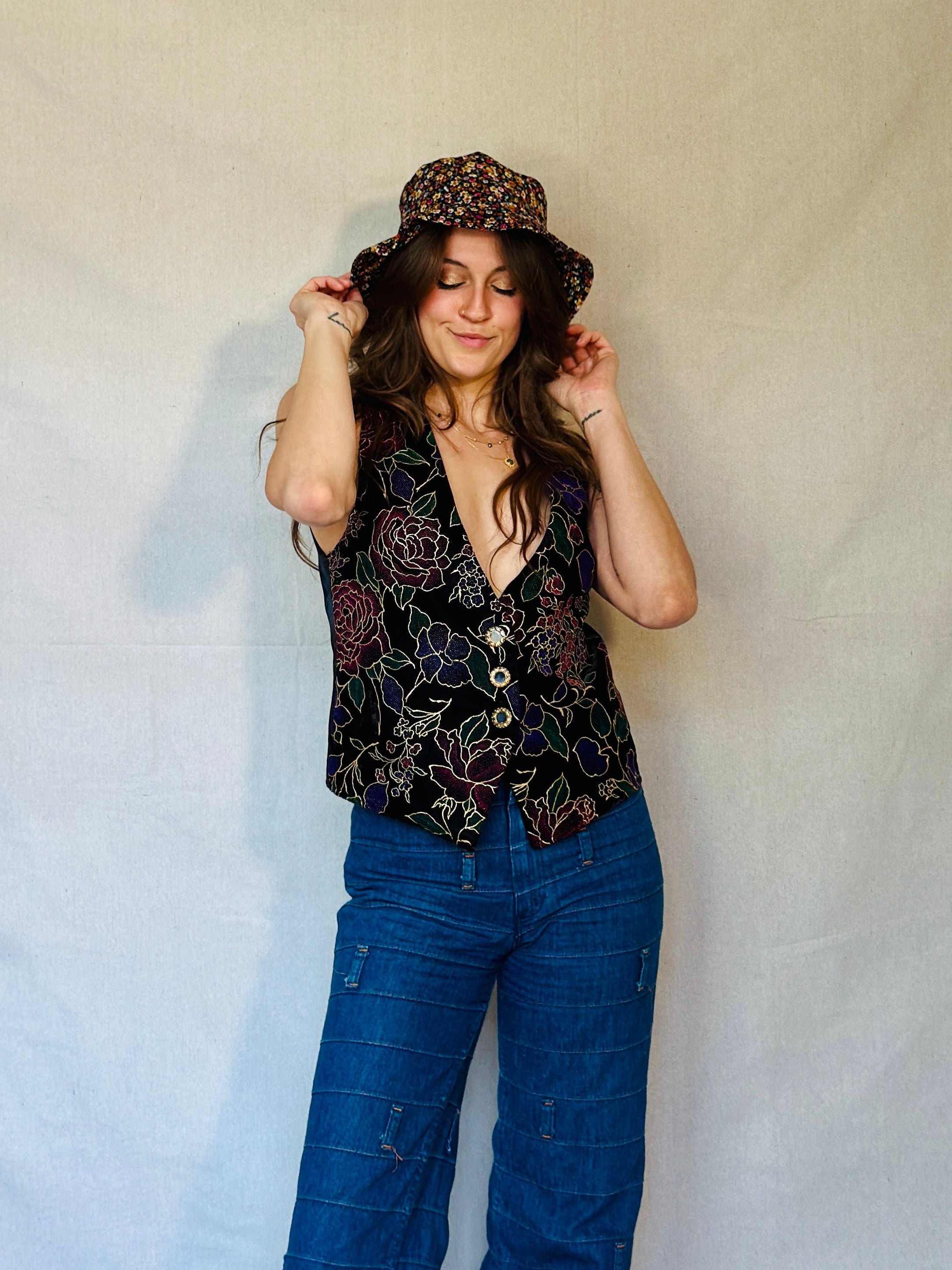 80s Black Velvet Floral Tux Vest