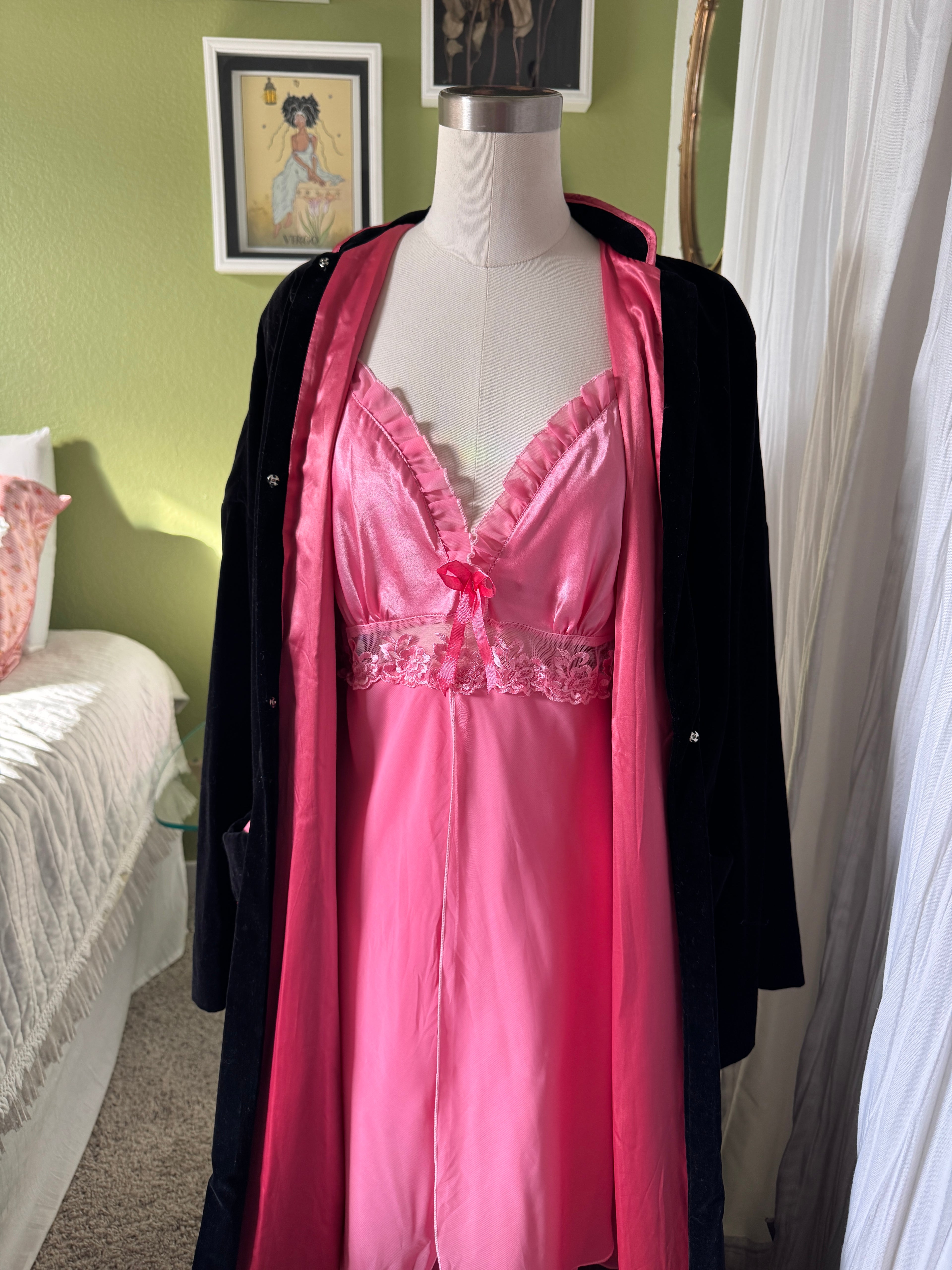 50s Black Velvet Pink Lined Smoking Jacket Duster Coat