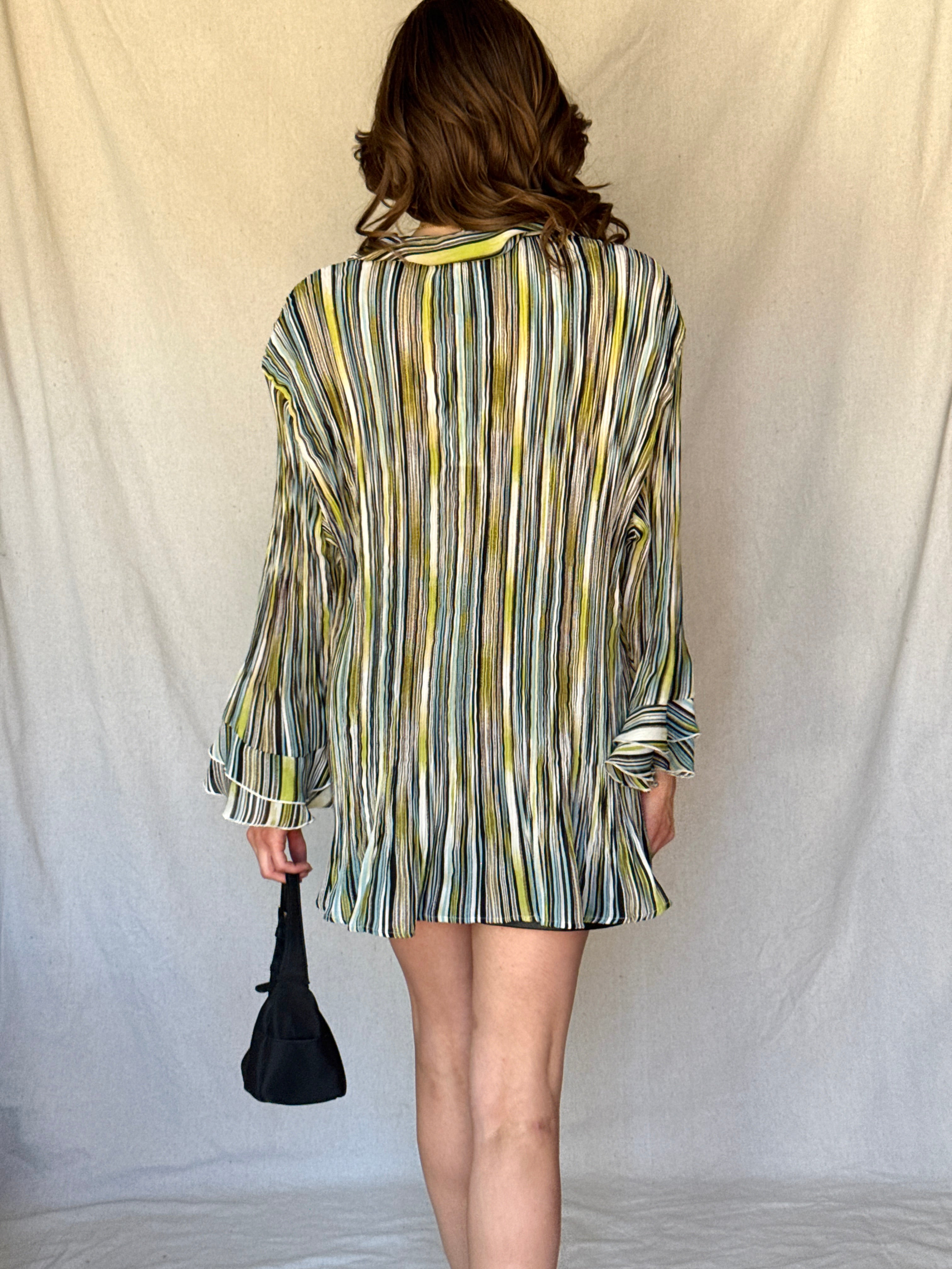 Y2K Striped Whimsy Crinkle Pleat Blouse