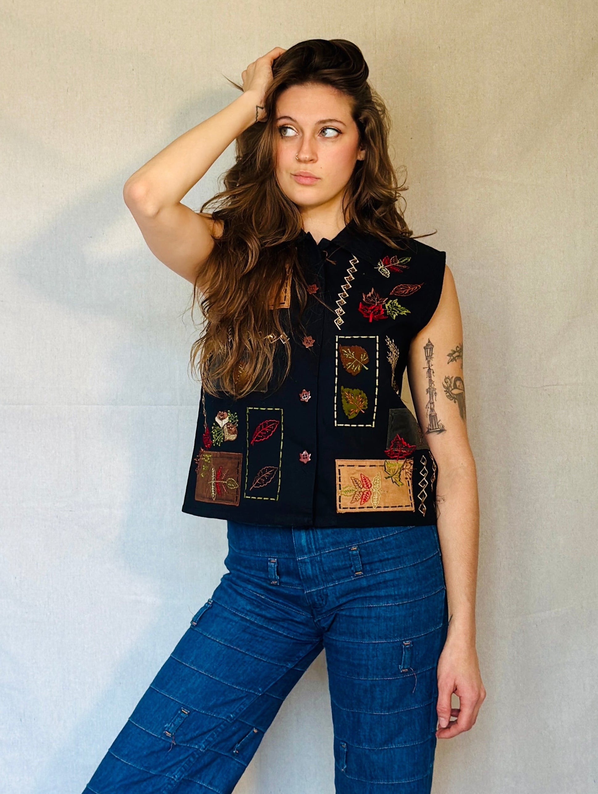 90s Black Fall Patchwork Button Up Vest