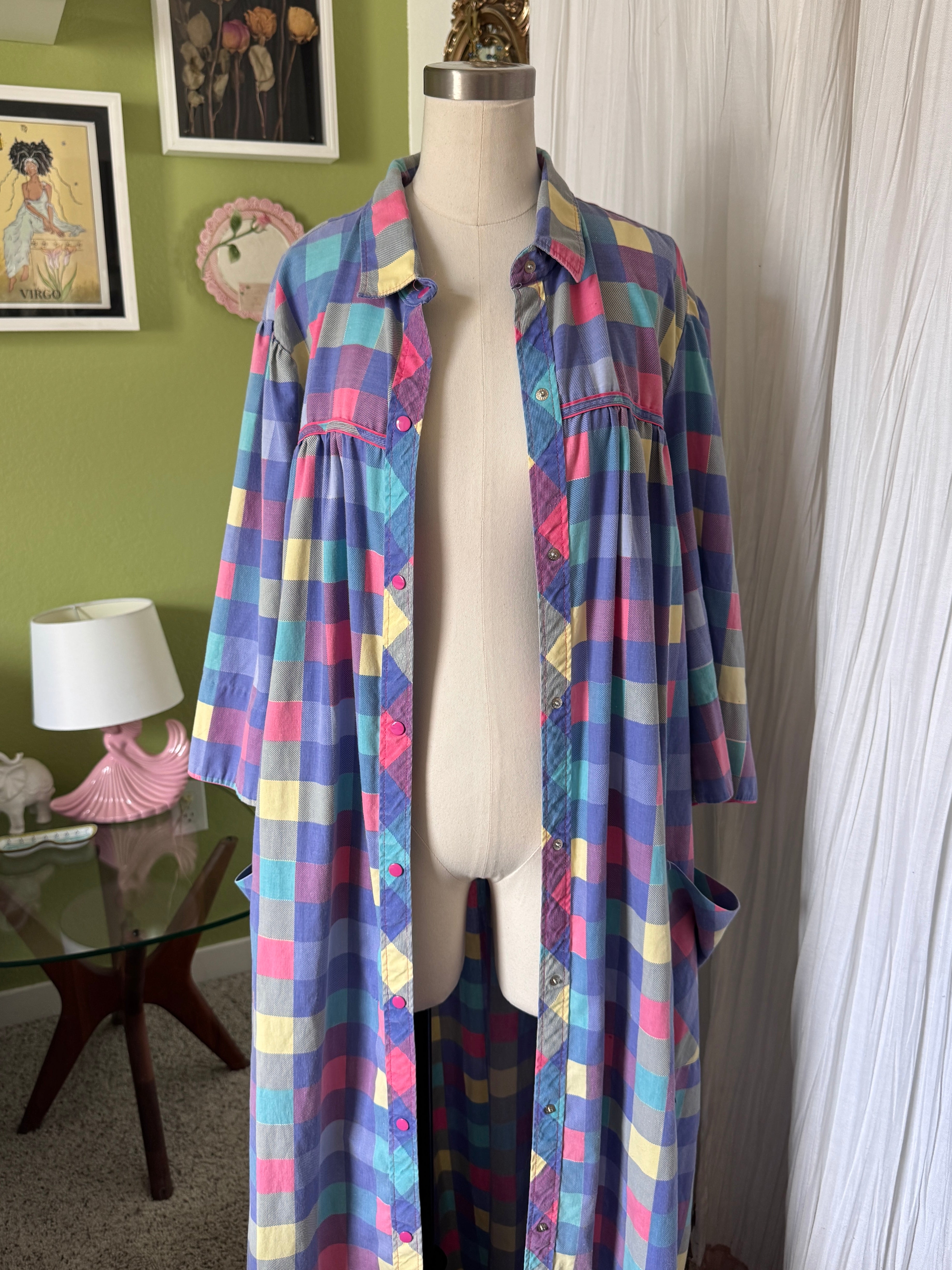 80s Purple Color Block Pearl Snap Duster Housecoat