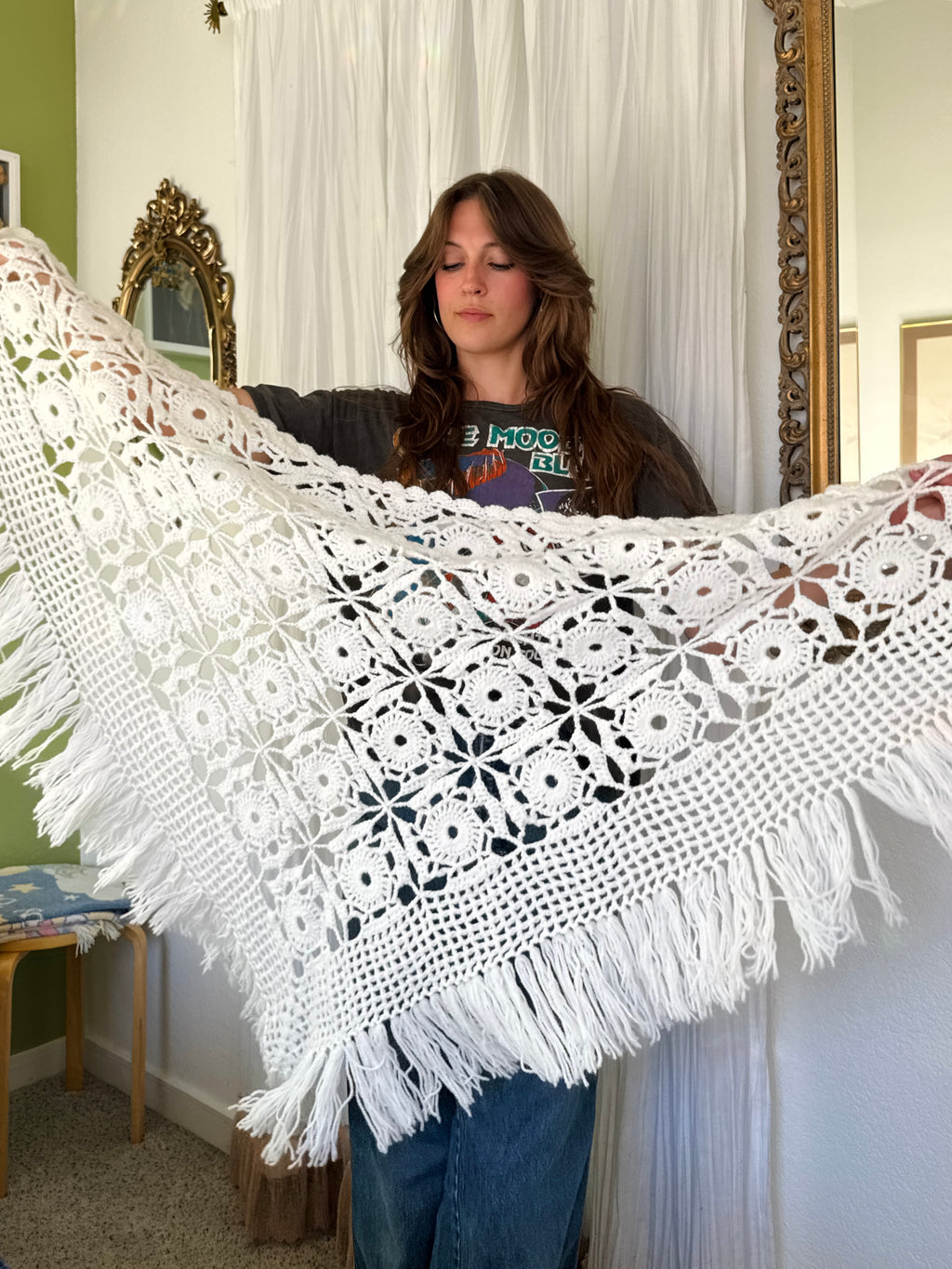 Vintage White Fringe Crochet Cottagecore Shawl
