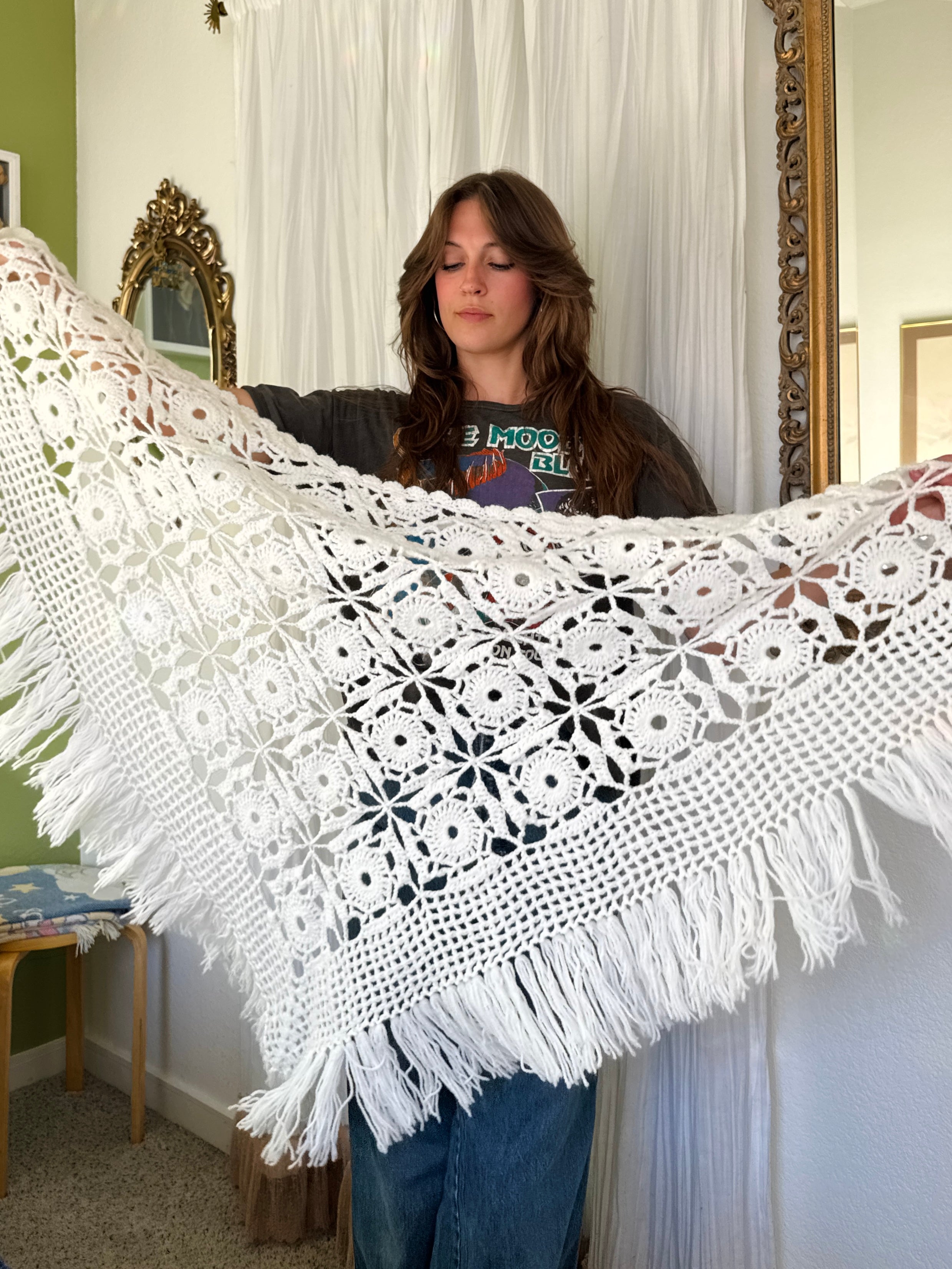 Vintage White Fringe Crochet Cottagecore Shawl