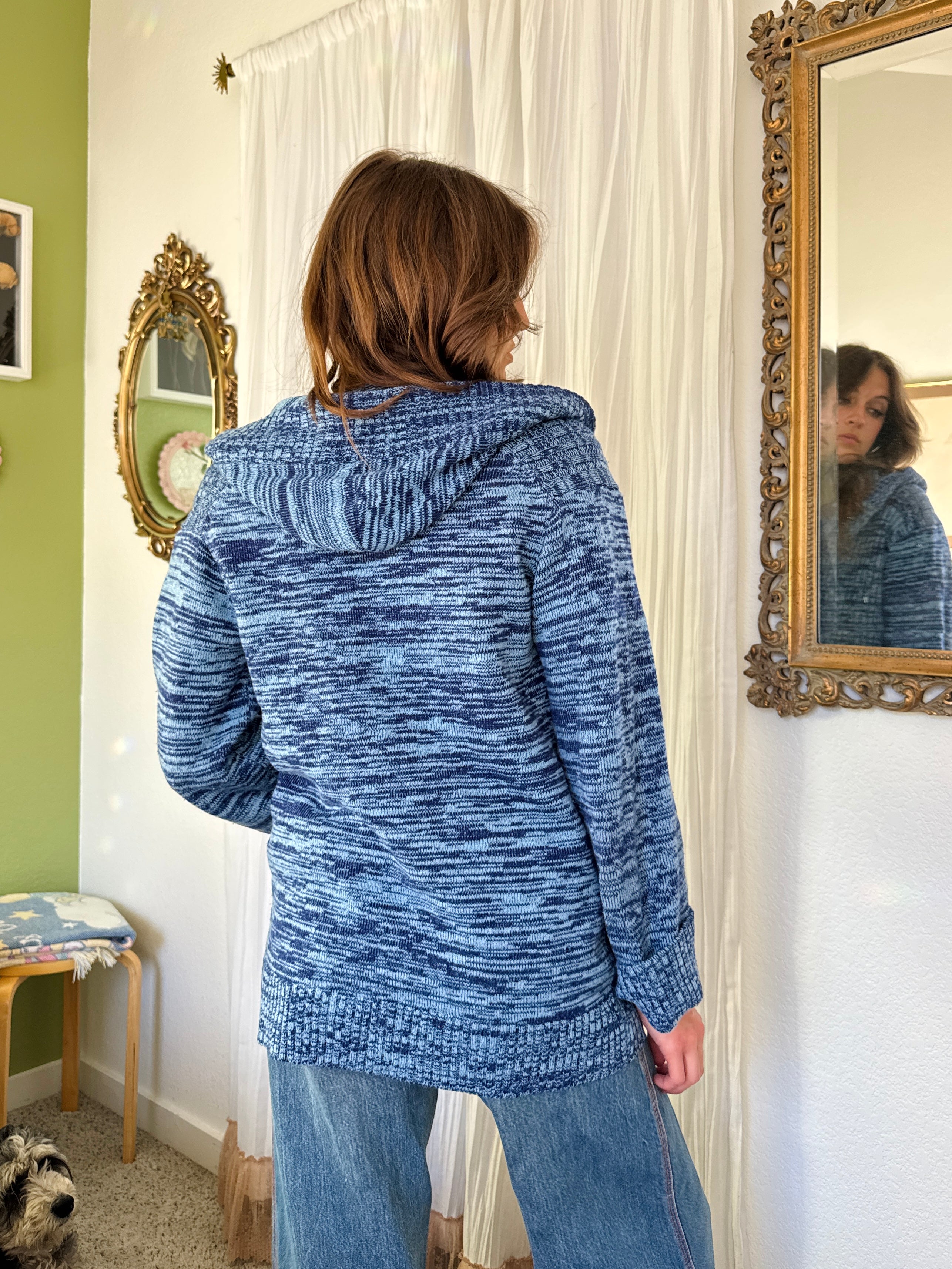 70s Blue Space Dye Hooded Toggle Sweater