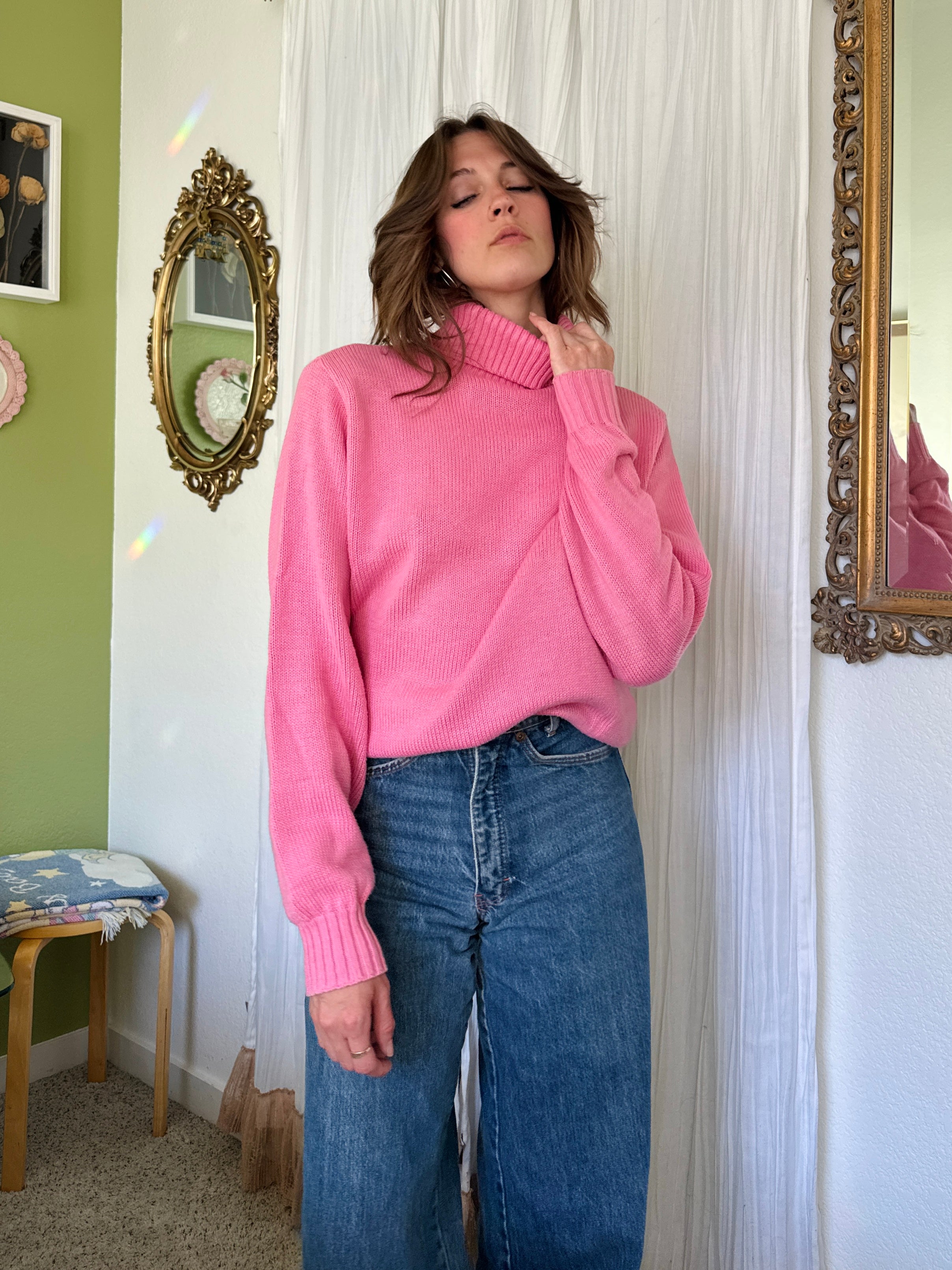 80s Barbie Pink Cotton Turtleneck Sweater