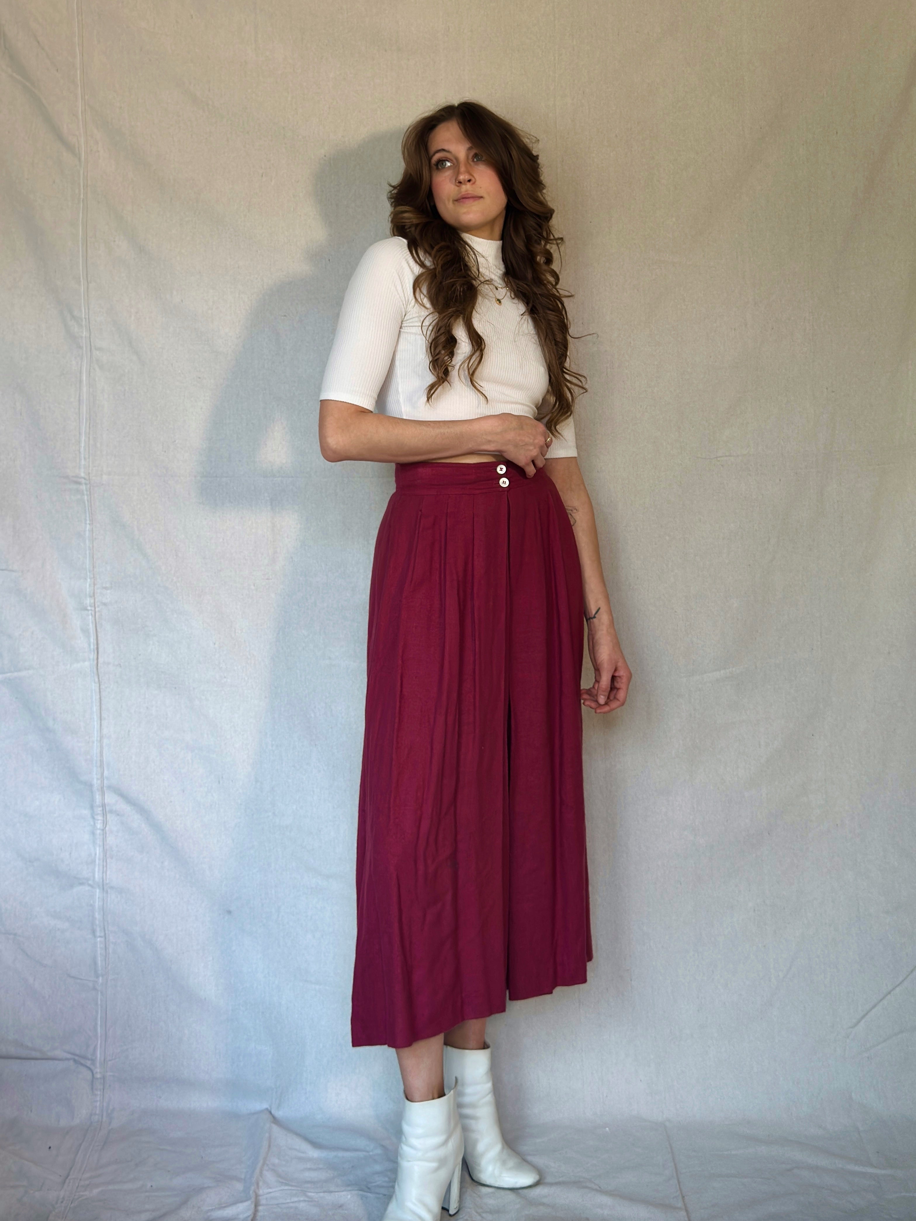 70s Burgundy Pleated Midi Skirt