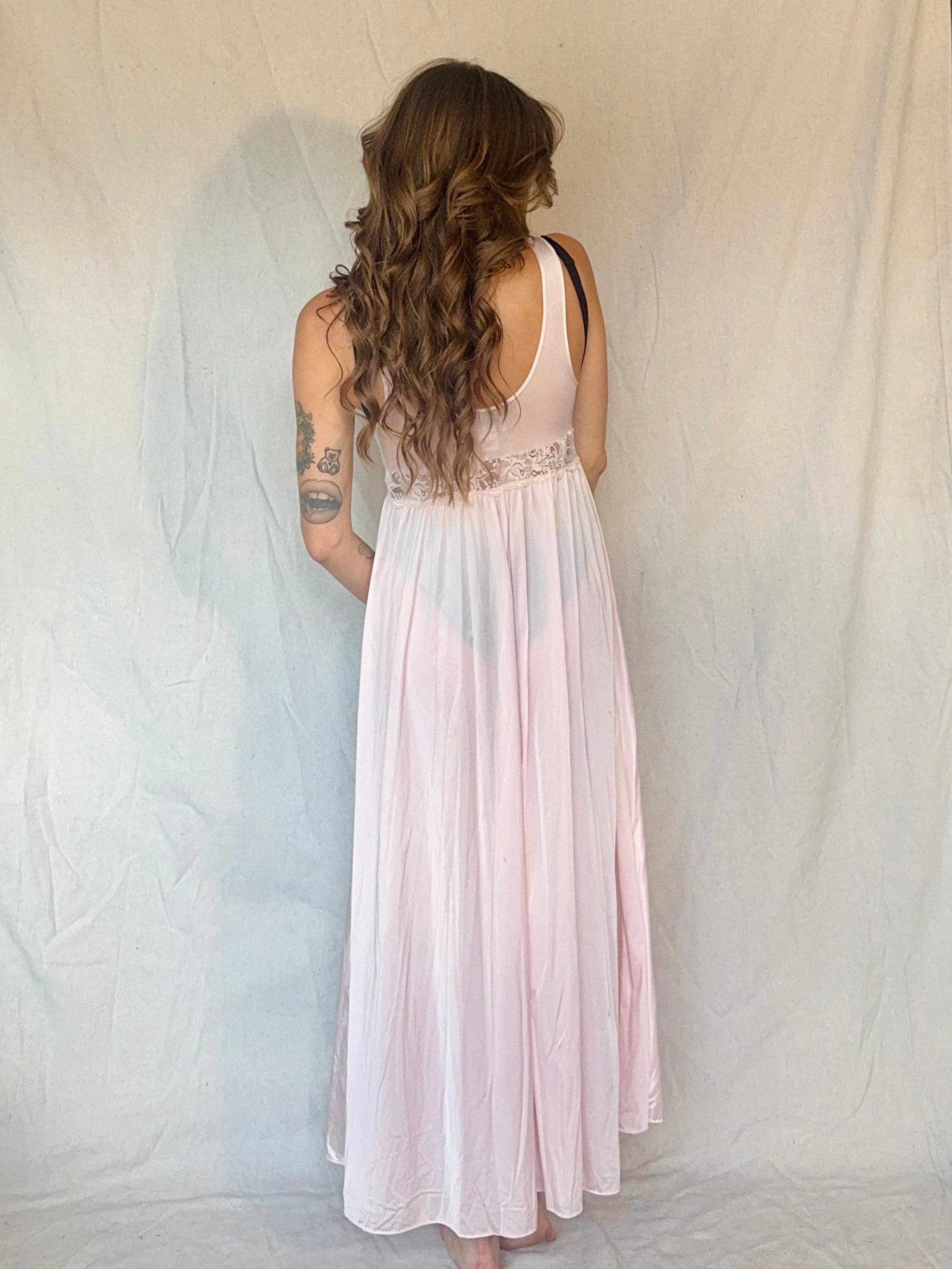 90s Baby Pink Nylon Lace Slip Dress