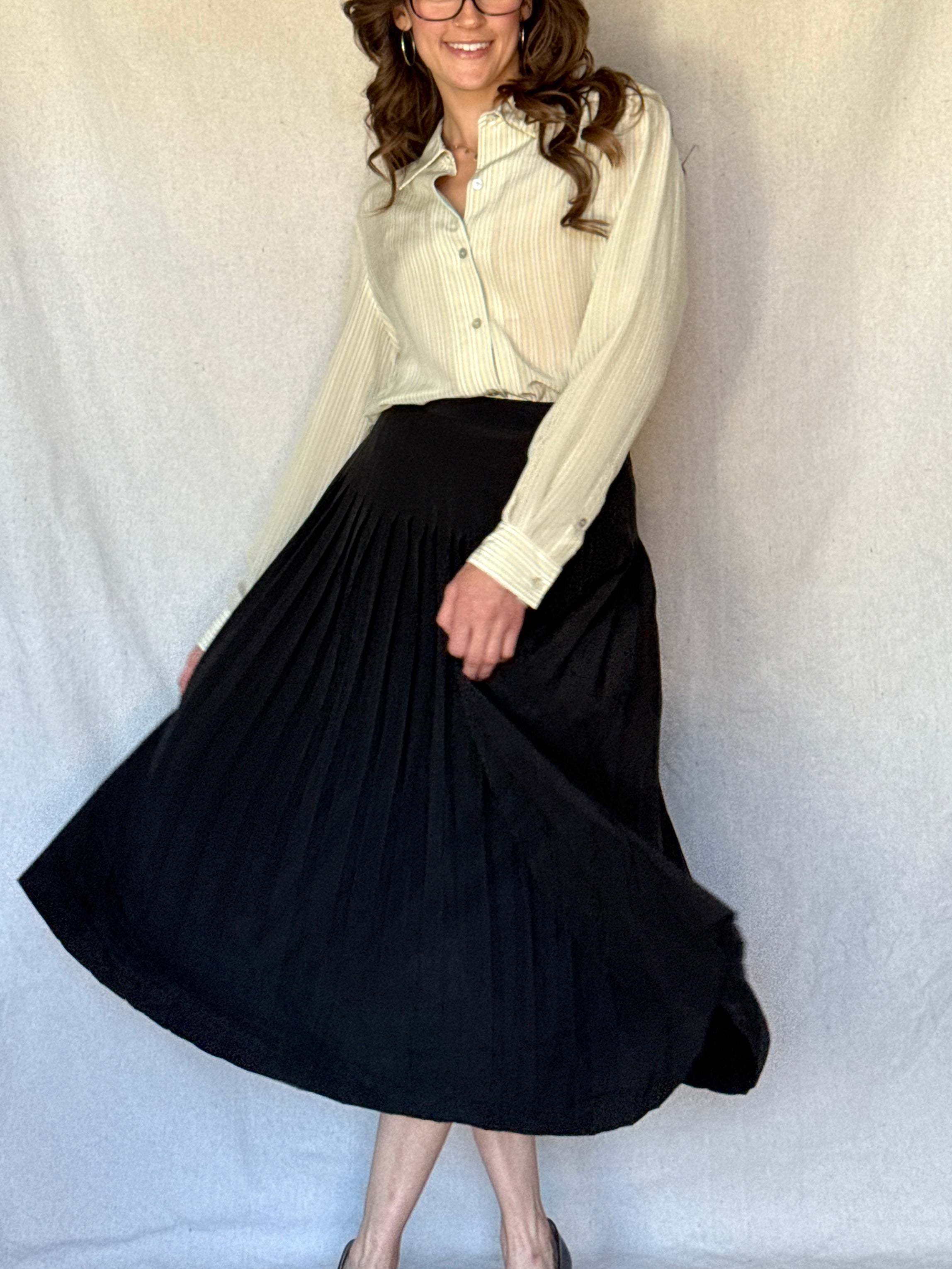 70s St. Martin Black Silk Pleated Midi Skirt
