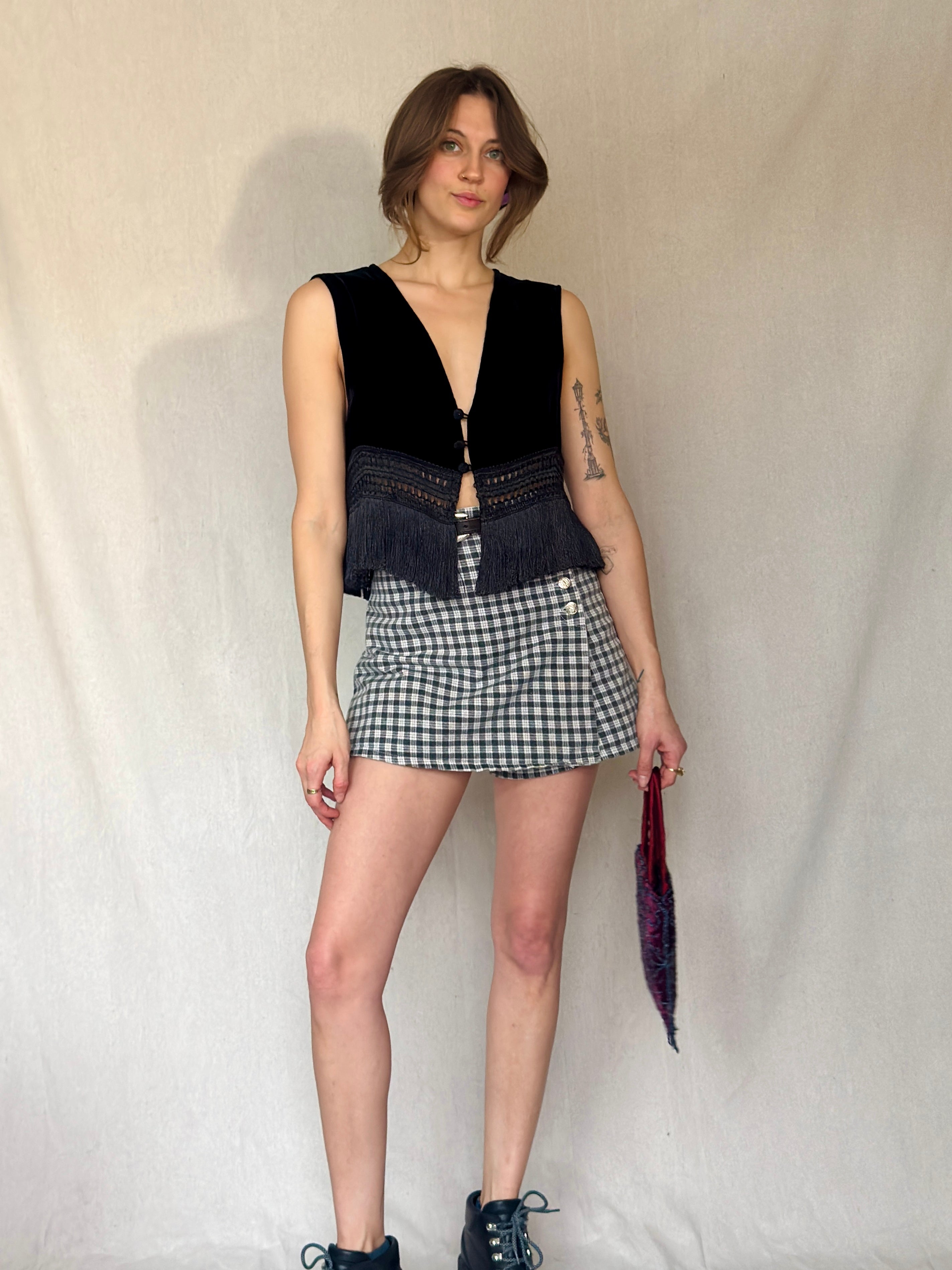 90s Black Velvet Fringe Vest Top