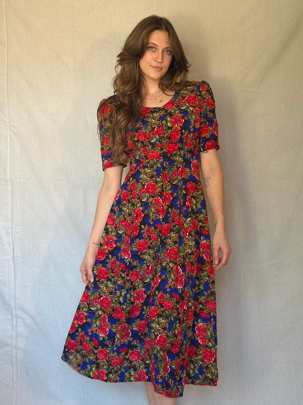 80s Blue Floral Print Button Dress