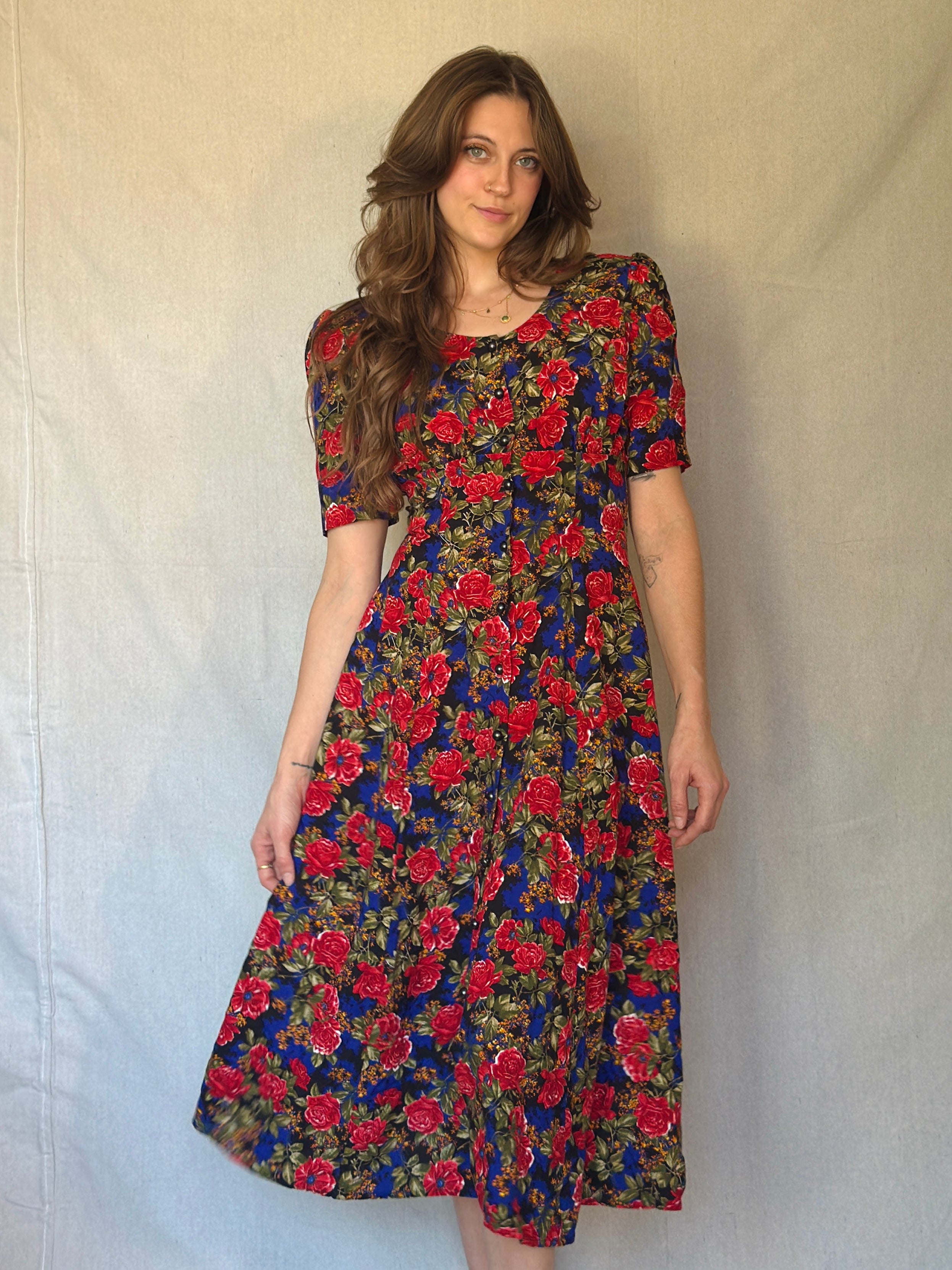 80s Blue Floral Print Button Dress