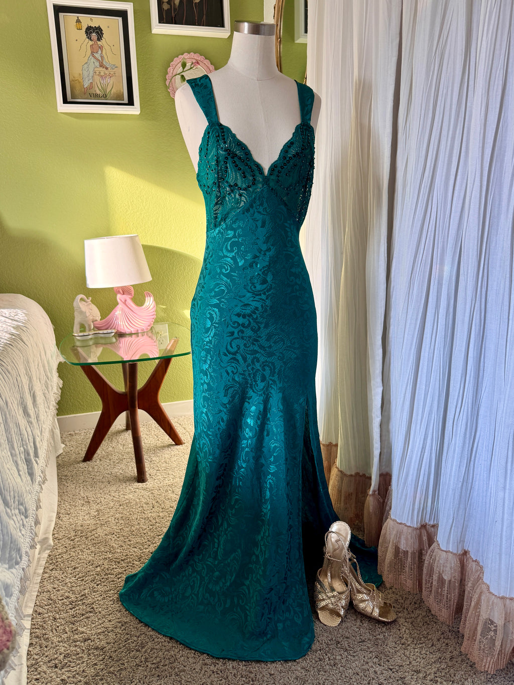 80s Emerald Green Victoria’s Secret Jacquard Beaded Lace Mermaid Slip Dress