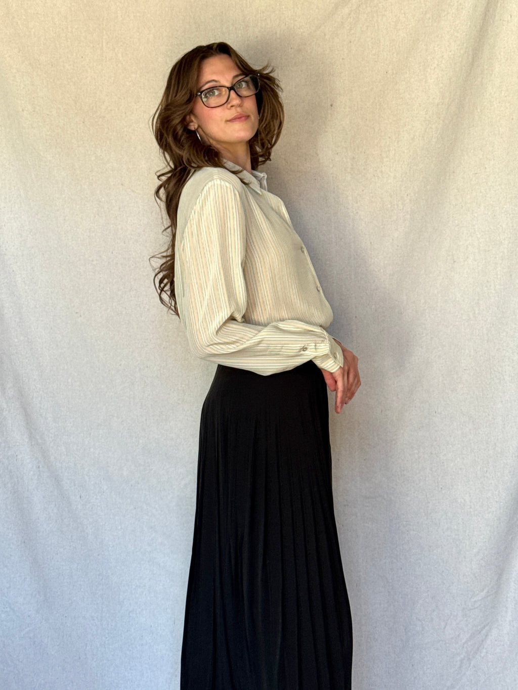 90s Cream Pinstriped Silk Button Up Shirt