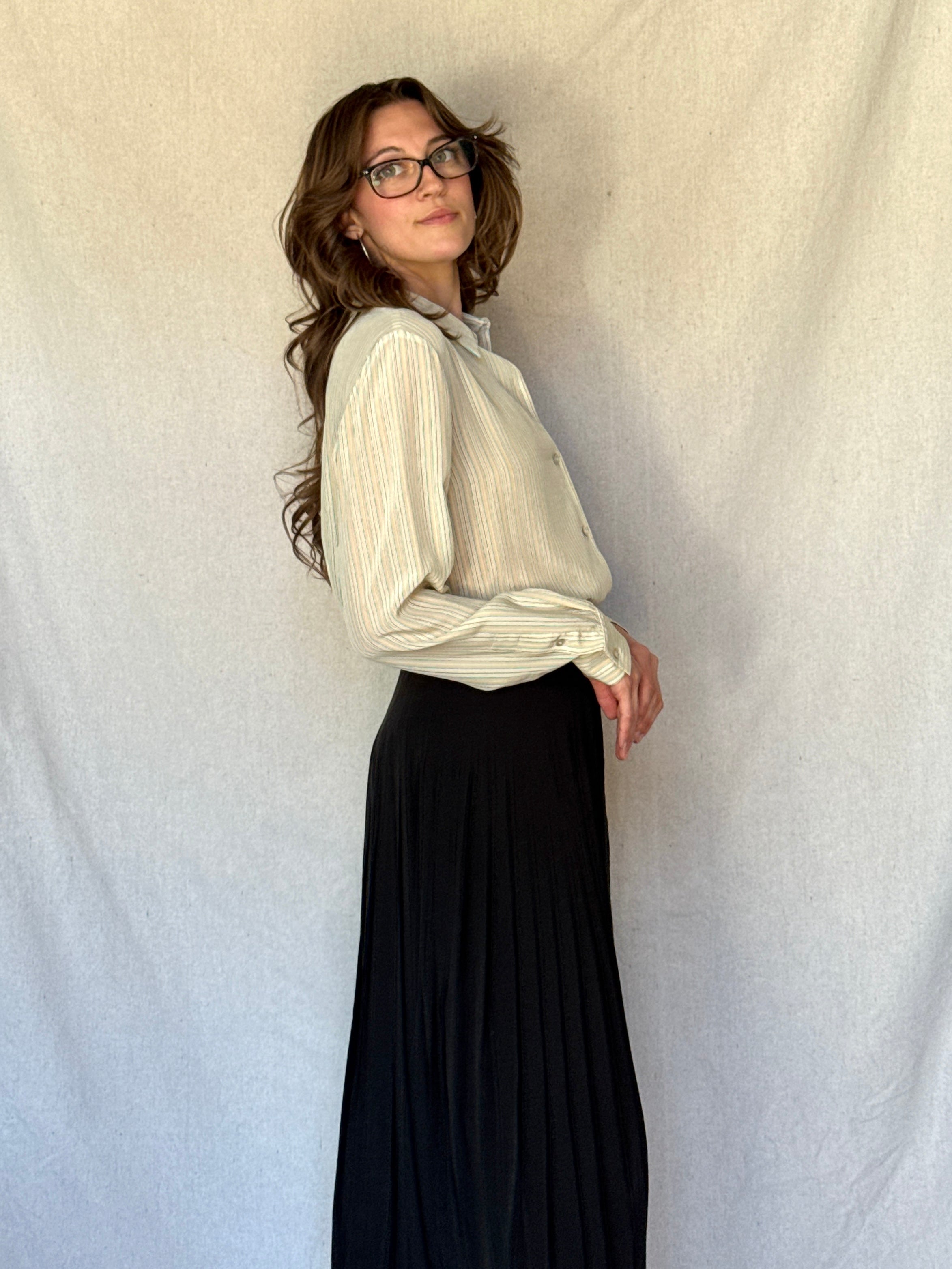 90s Cream Pinstriped Silk Button Up Shirt