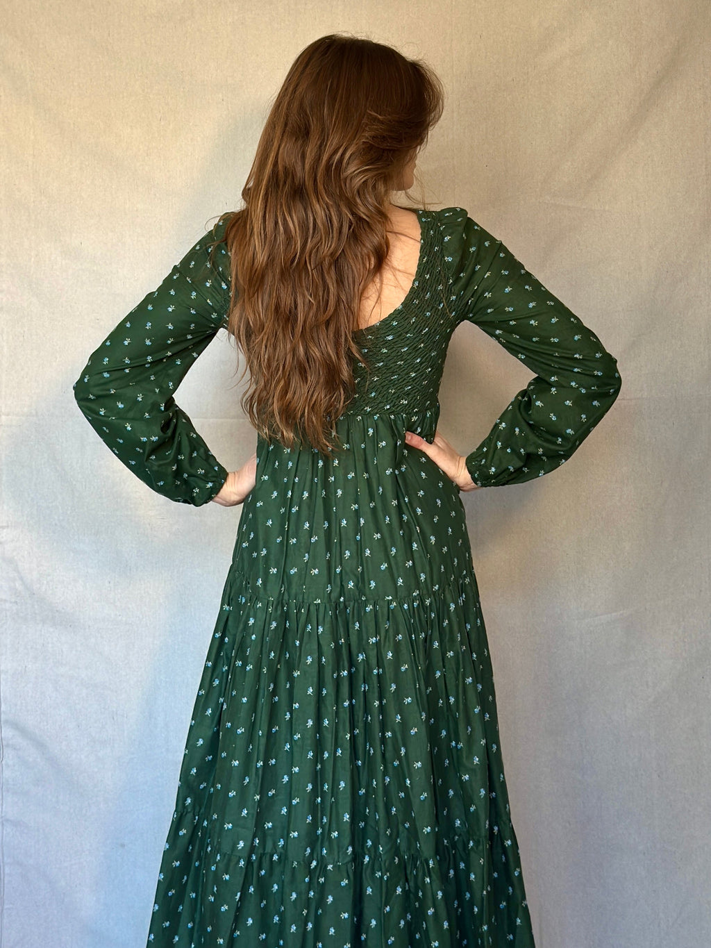 70s Green Micro Floral Tiered Prairie Dress