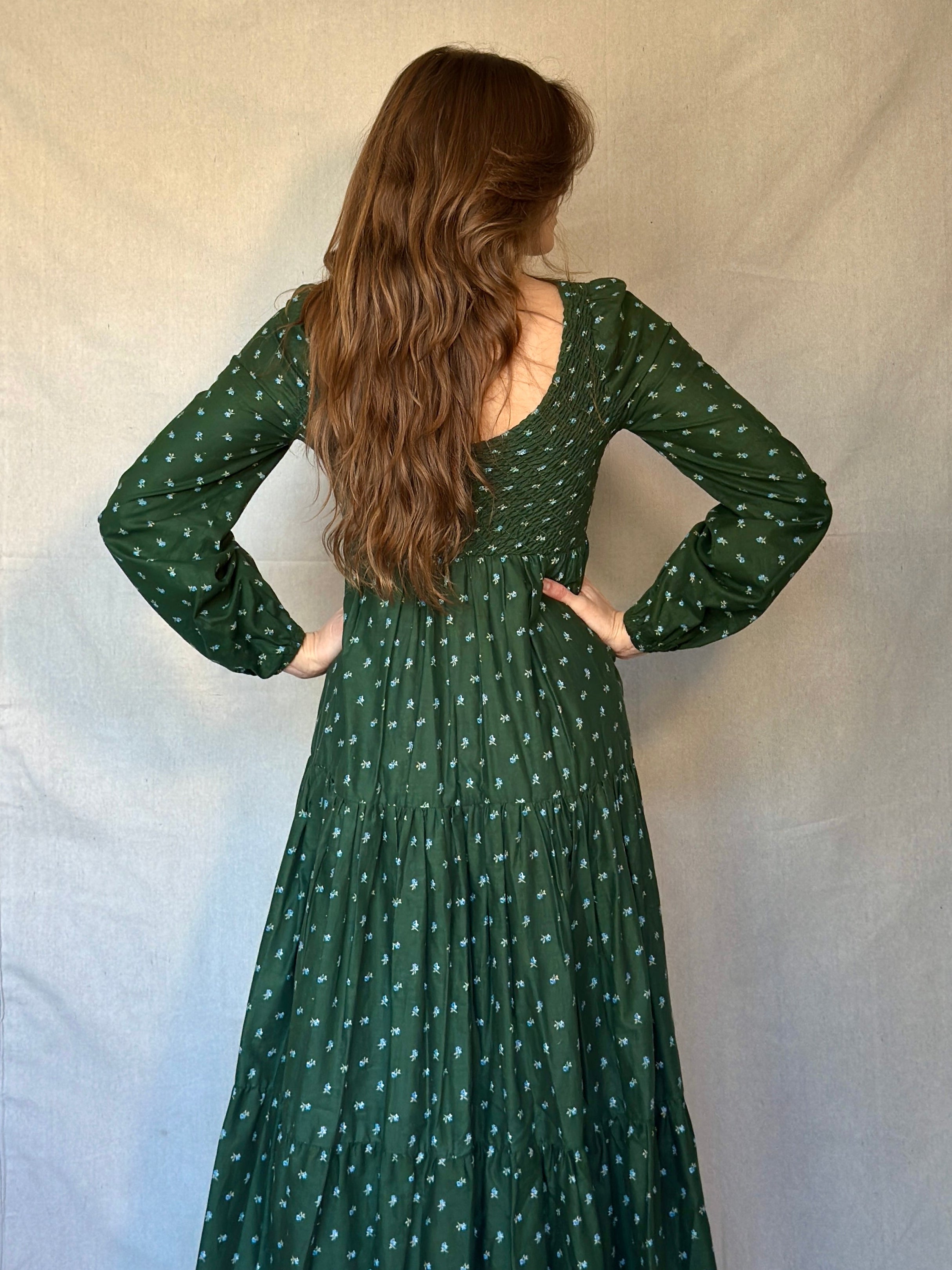 70s Green Micro Floral Tiered Prairie Dress