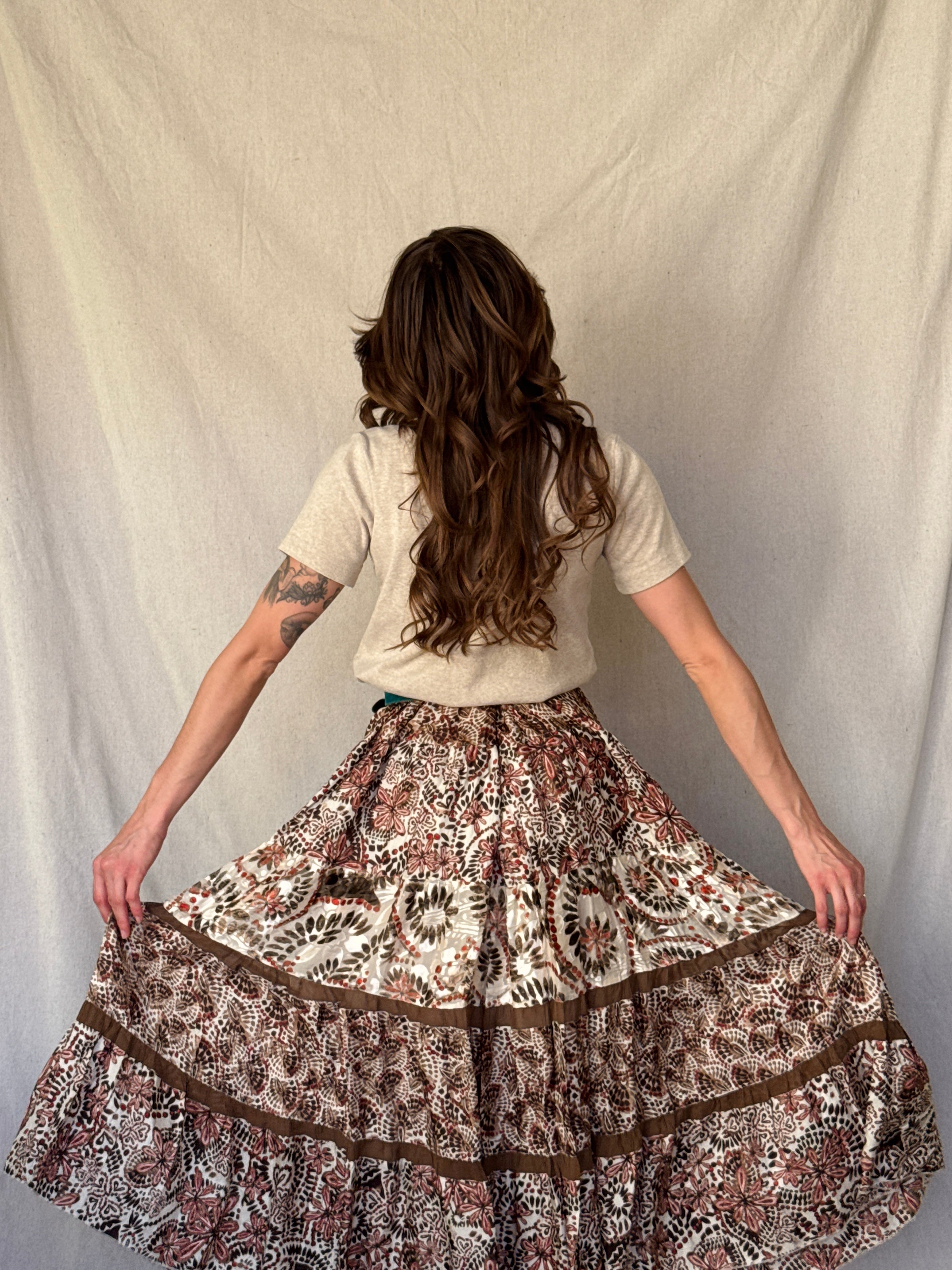 Y2K Brown & Orange Silk Layered Chicos Maxi Skirt
