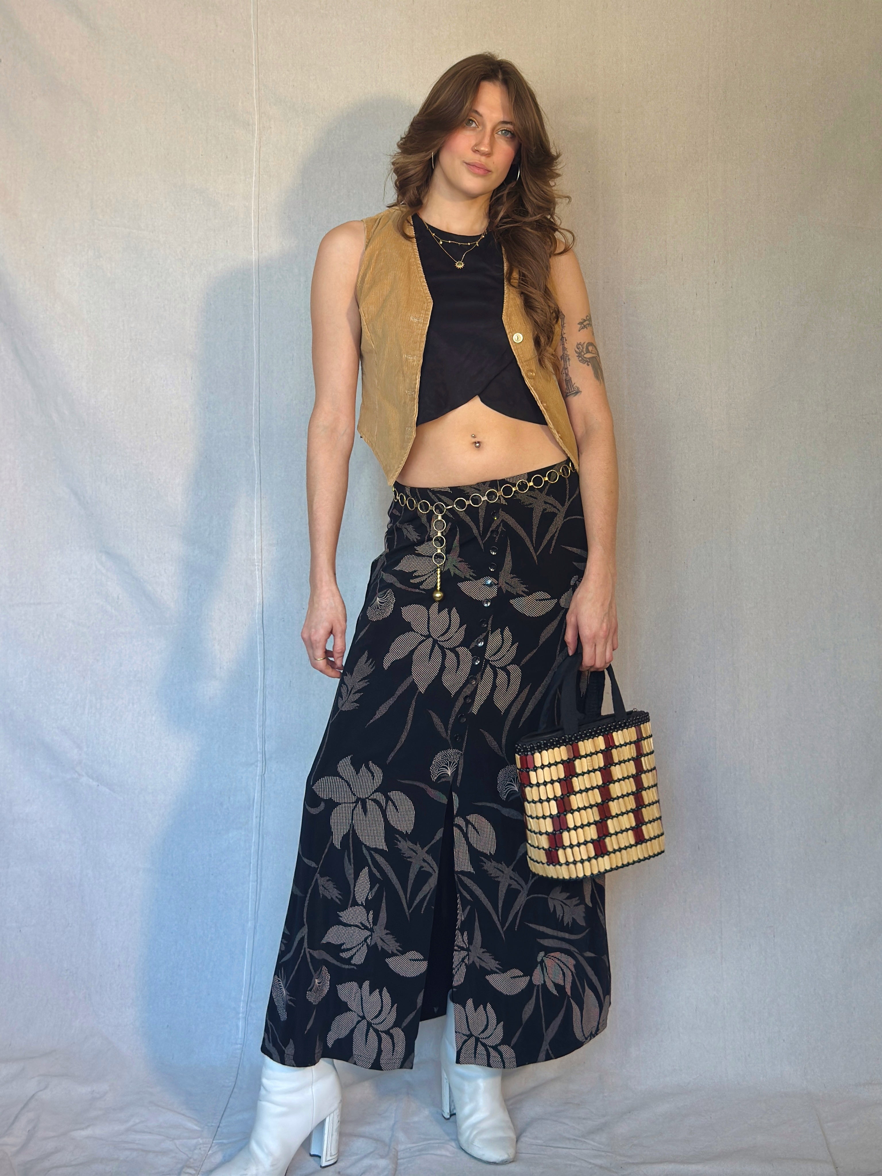 90's Black Floral Button Front Midi Skirt