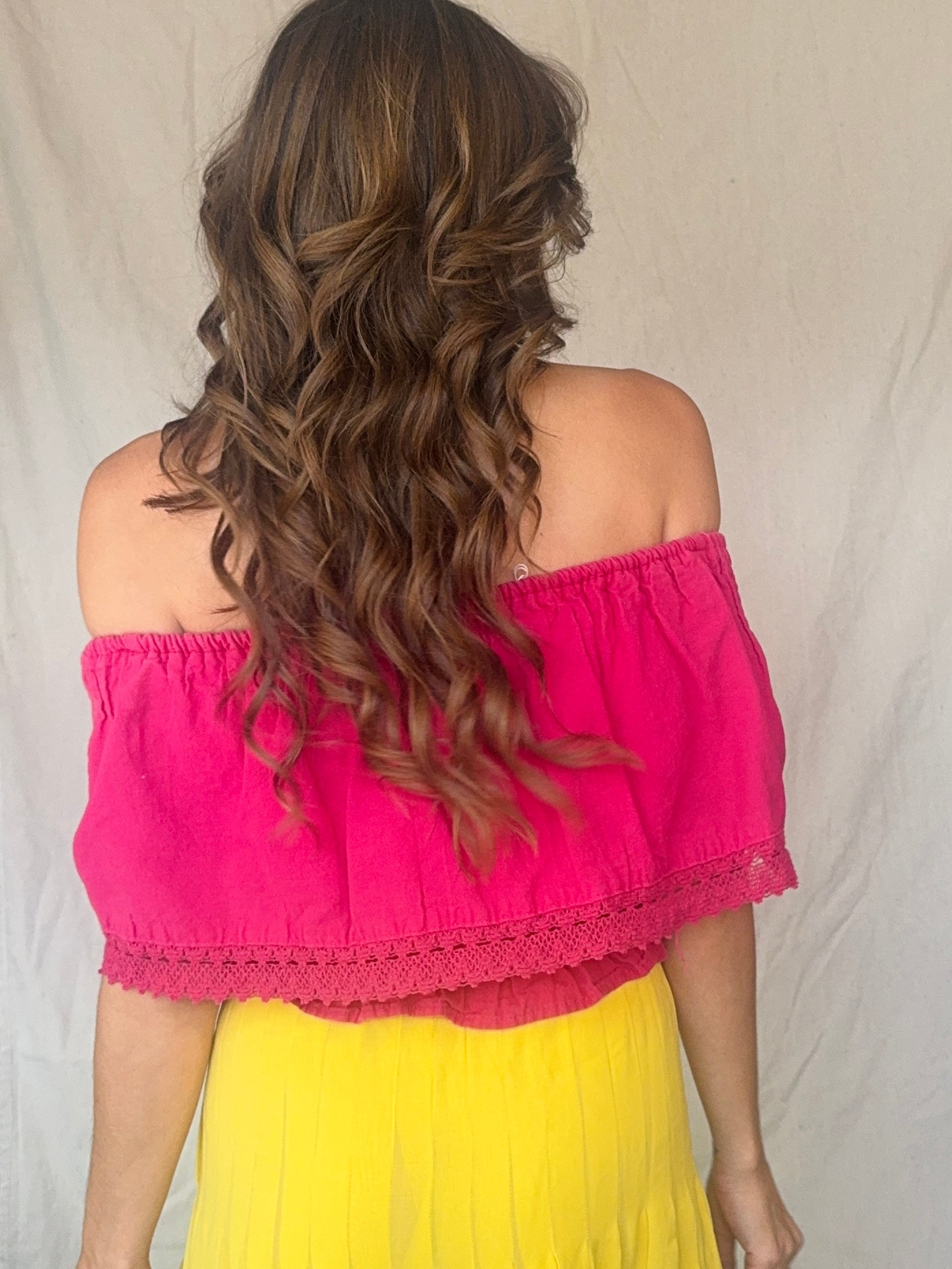 Vintage Hot Pink Off the Shoulder Embroidered Sunflower Oaxacan Summer Top