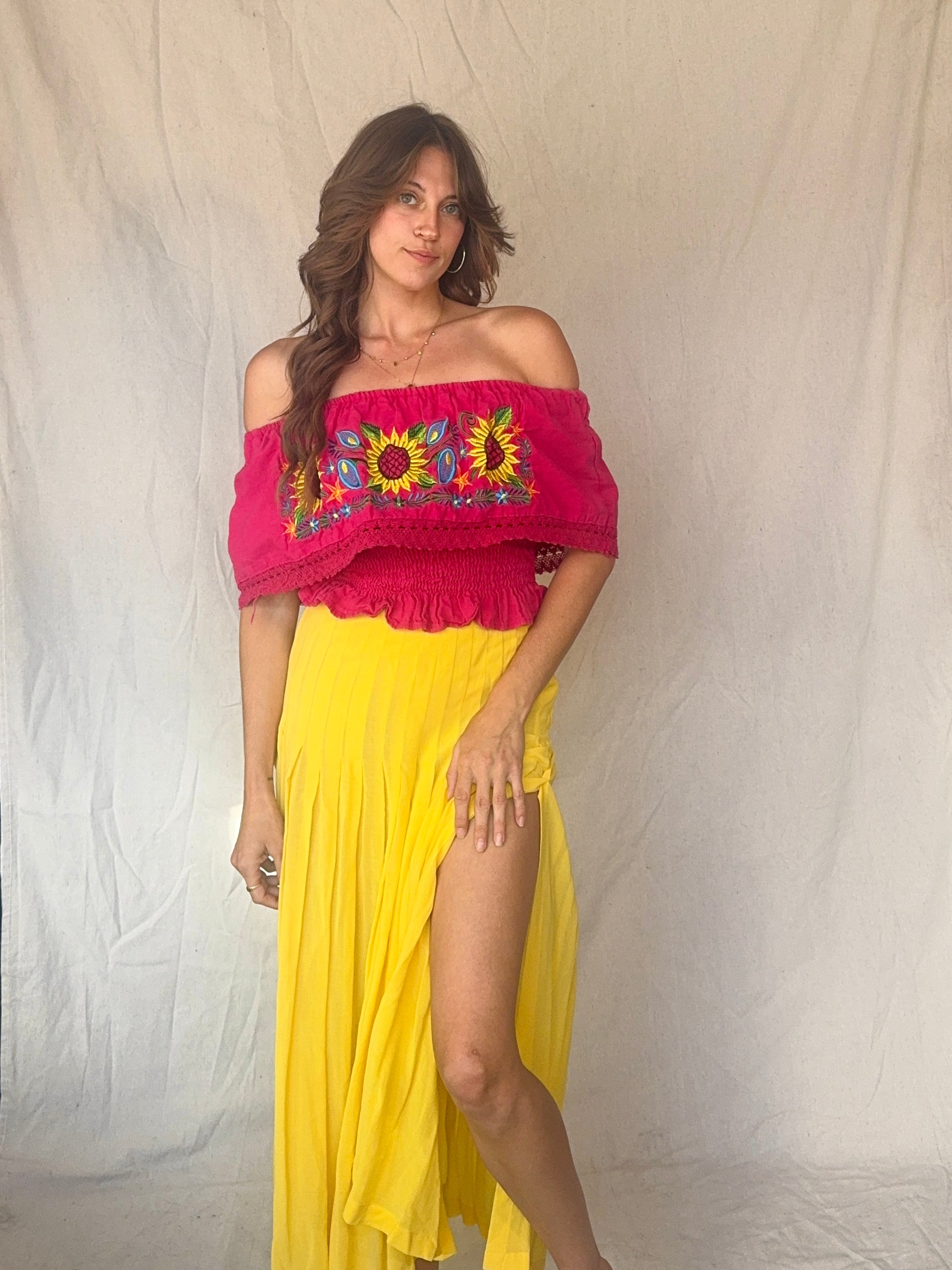 Vintage Hot Pink Off the Shoulder Embroidered Sunflower Oaxacan Summer Top