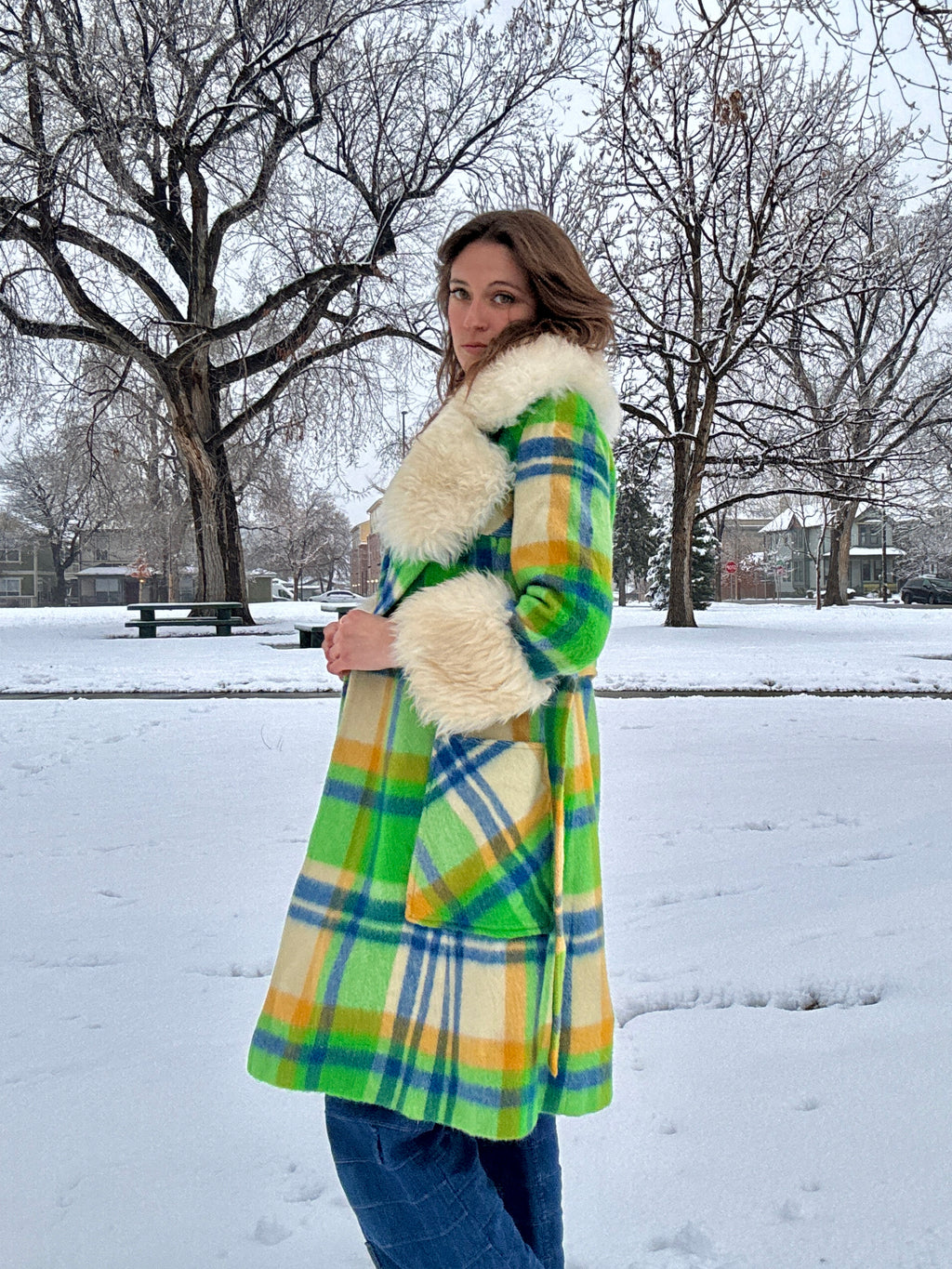 60s Union Made Green Plaid Wool Belted Coat