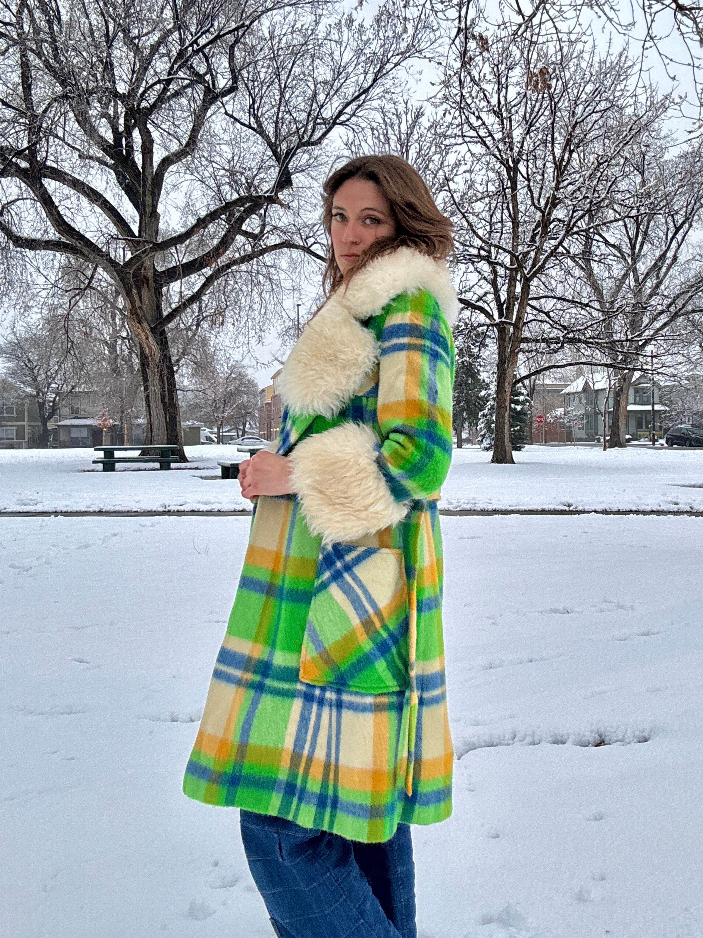 60s Union Made Green Plaid Wool Belted Coat