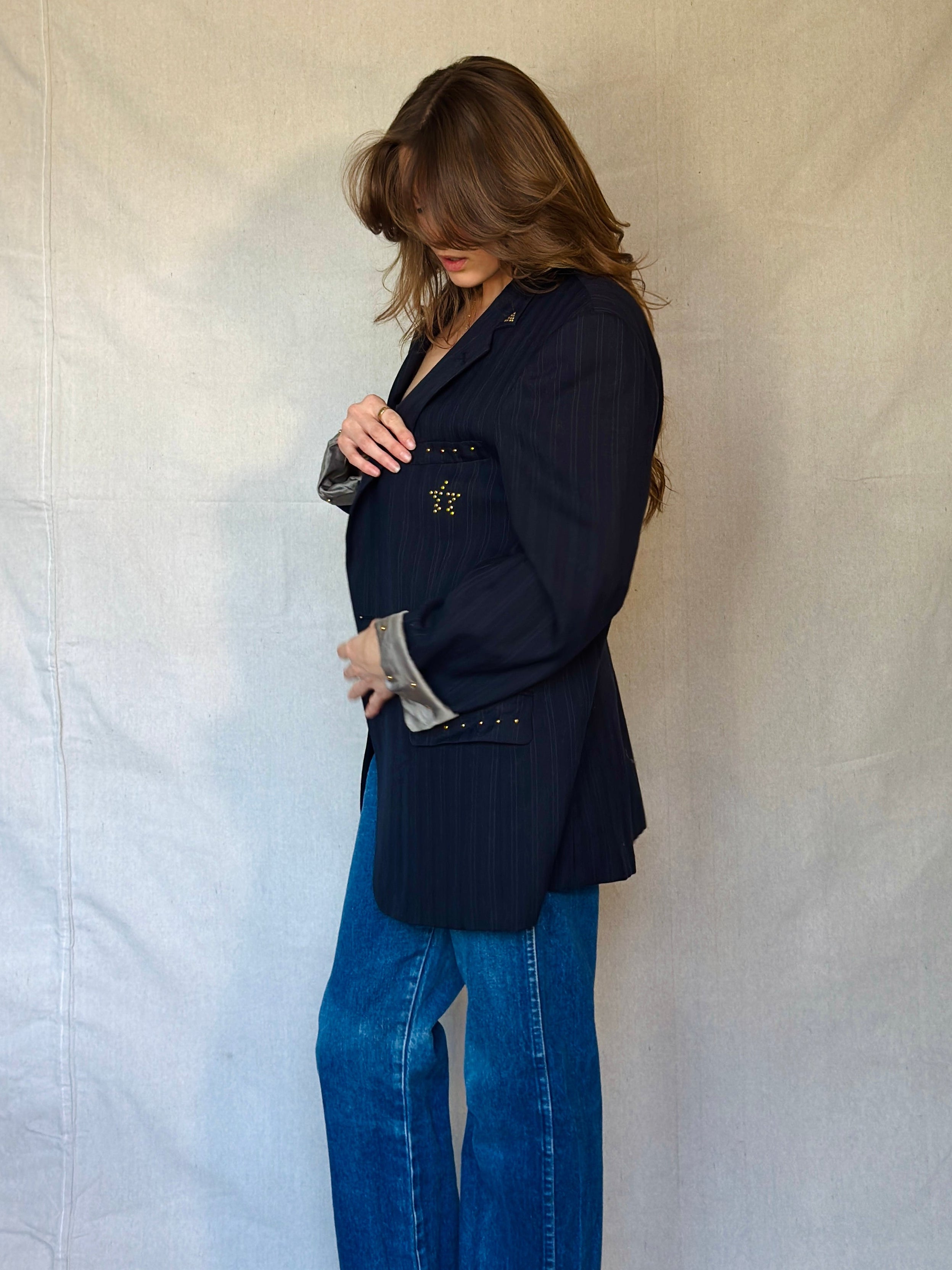 70s Star Studded Johnny Carson Navy Pinstripe Suit Jacket